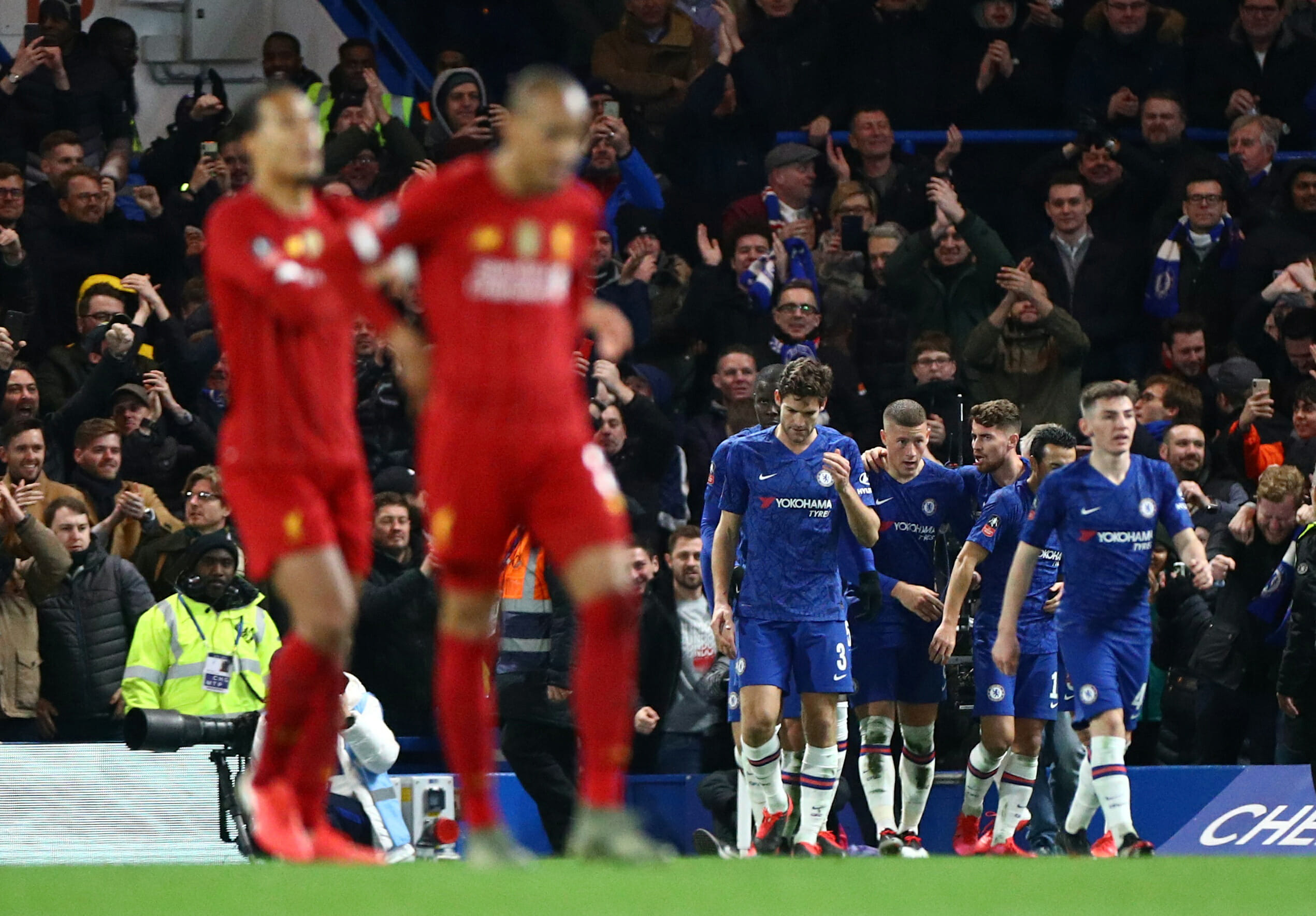 Soccer Football - FA Cup Fifth Round - Chelsea v Liverpool - Stamford Bridge, London, Britain - March 3, 2020  Chelsea's Ross Barkley celebrates scoring their second goal with teammates  REUTERS