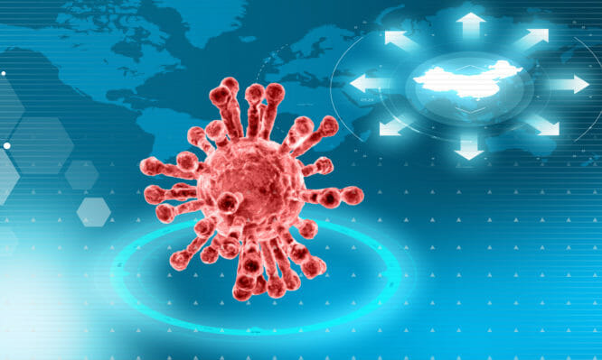 Microscopic view of Coronavirus, a pathogen that attacks the respiratory tract. Analysis and test, experimentation. Sars. Contagion, propagation. Flu. Infectious disease. World map with China highlighted. 3d render