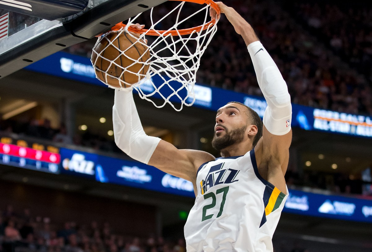Feb 28, 2020; Salt Lake City, Utah, USA; Utah Jazz center Rudy Gobert (27) dunks the ball during the first half against the Washington Wizards at Vivint Smart Home Arena. Mandatory Credit: Russell Isabella-USA TODAY Sports