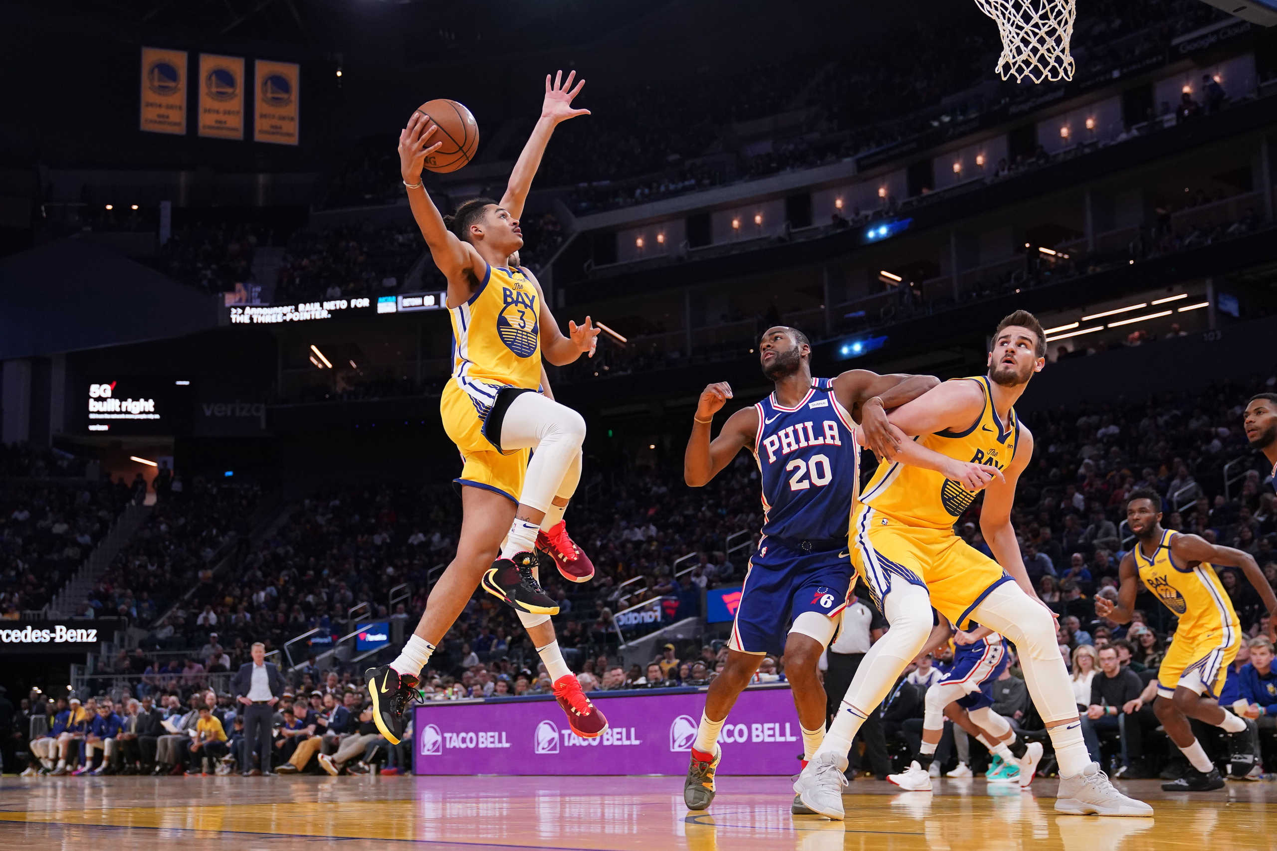 Mar 7, 2020; San Francisco, California, USA; Golden State Warriors guard Jordan Poole (3) shoots the ball against the Philadelphia 76ers in the fourth quarter at the Chase Center. Mandatory Credit: Cary Edmondson-USA TODAY Sports
