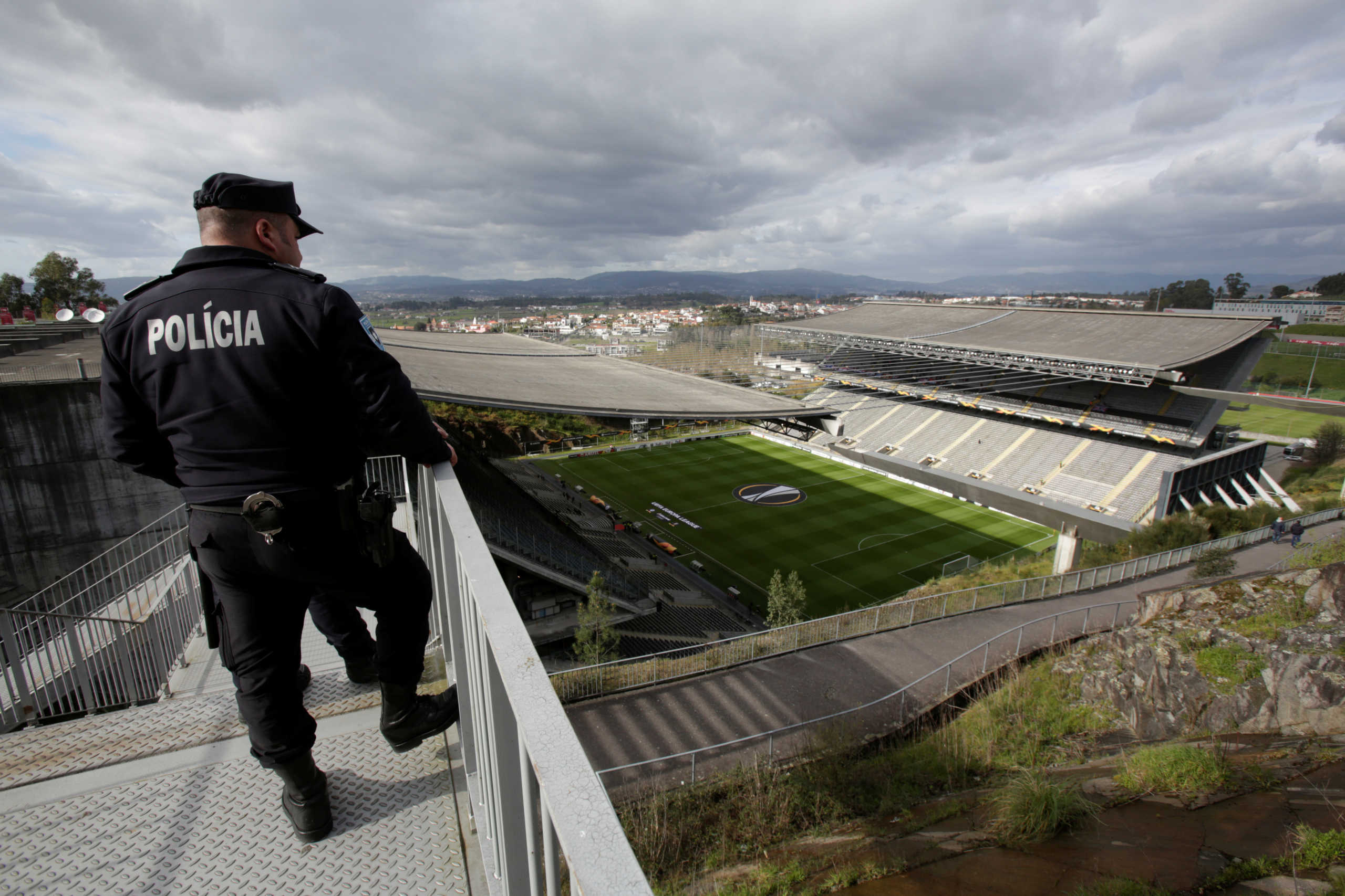 Soccer Football - Europa League - Round of 32 Second Leg - S.C. Braga v Rangers - Estadio Municipal de Braga, Braga, Portugal - February 26, 2020  A police officer looks over the stadium before the match  REUTERS