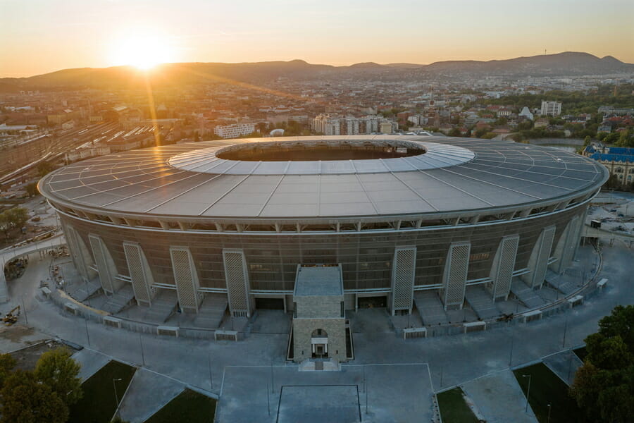 epa07995558 A handout photo made available by the KKBK of the new Puskas Arena in Budapest, Hungary, taken with a drone on 01 October 2019 (issued 14 November 2019). The venue, which is the primary stadium of the Hungarian national soccer team with a capacity of almost 68,000 seats, is designed to house concerts, congresses, and other events as well. It was built on the location of the former Ferenc Puskas Stadium, the demolition of which was completed in October 2016. The construction works of the football stadium began in 2017. The Puskas Arena will be inaugurated with the International friendly soccer match between Hungary and Uruguay match on 15 November 2019.  EPA