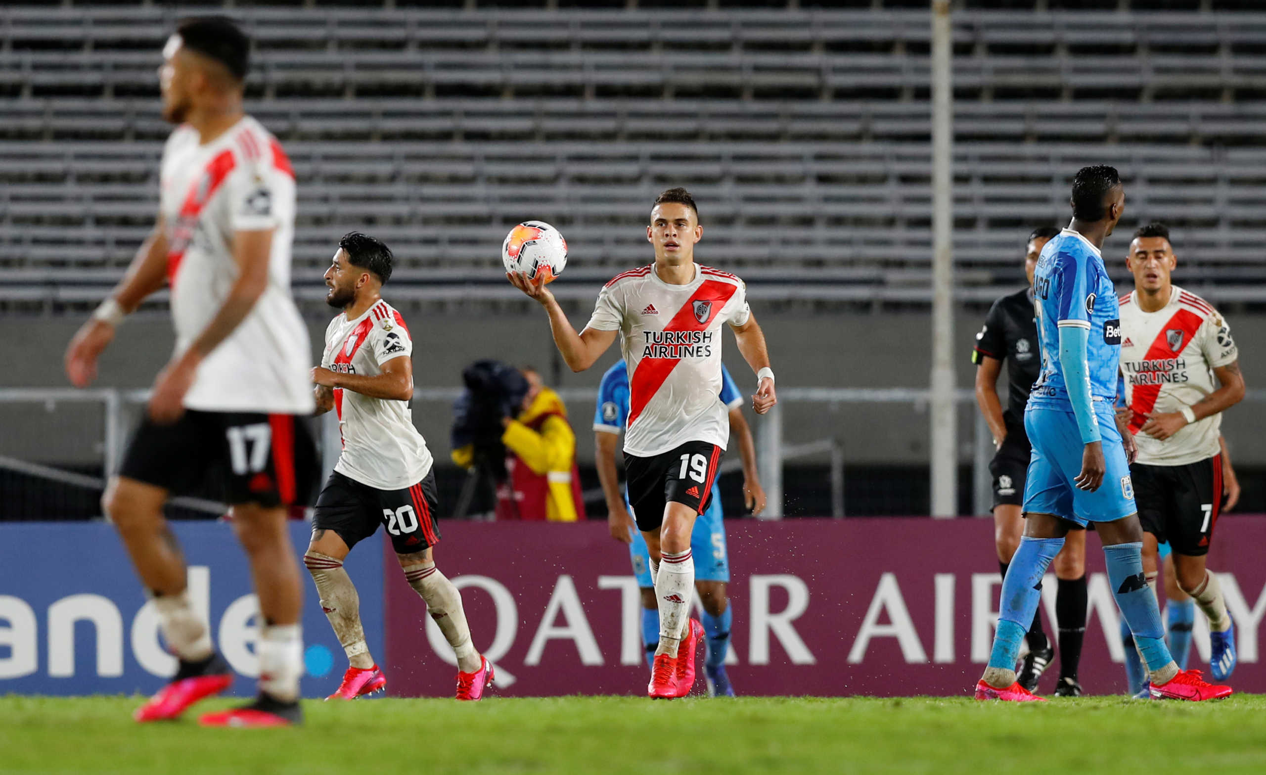 Soccer Football - Copa Libertadores - Group D - River Plate v Binacional - Monumental Stadium, Buenos Aires, Argentina - March 11, 2020    River Plate's Milton Casco celebrates scoring their first goal with Rafael Santos Borre   REUTERS