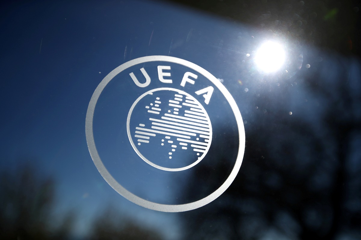FILE PHOTO: Soccer Football - Europa League - Round of 16 draw - Nyon, Switzerland - February 28, 2020   General view of the UEFA logo at UEFA Headquarters before the draw   REUTERS