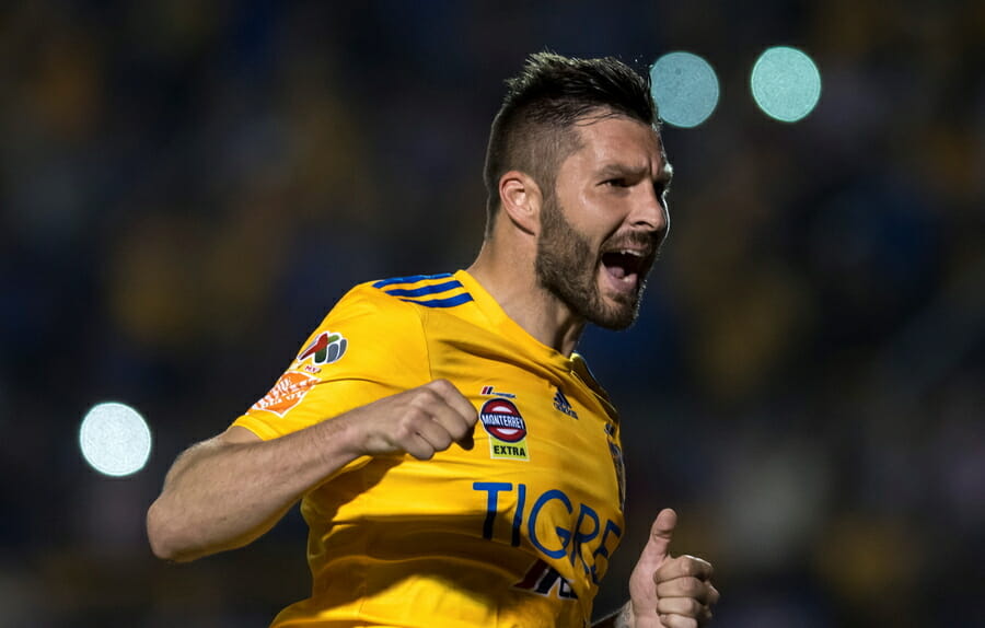 epa08204391 Andre Gignac of Tigres UANL celebrates a goal during the Clausura Tournament (Liga MX) soccer match between Tigres UANL and Guadalajara at the Universitario Stadium in Monterrey, Mexico, 08 February 2020.  EPA