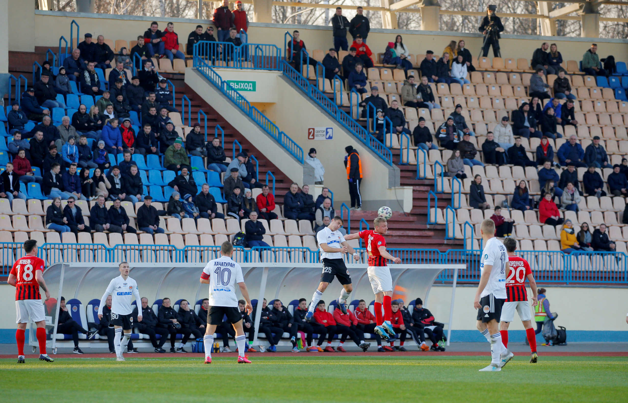 Soccer Football - Vysheyshaya Liga - FC Torpedo-BelAZ Zhodino v FC Belshina Bobruisk - Torpedo Stadium, Zhodino, Belarus, March 27, 2020   Players in action during the match despite most sport being cancelled around the world as the spread of coronavirus disease (COVID-19) continues  REUTERS