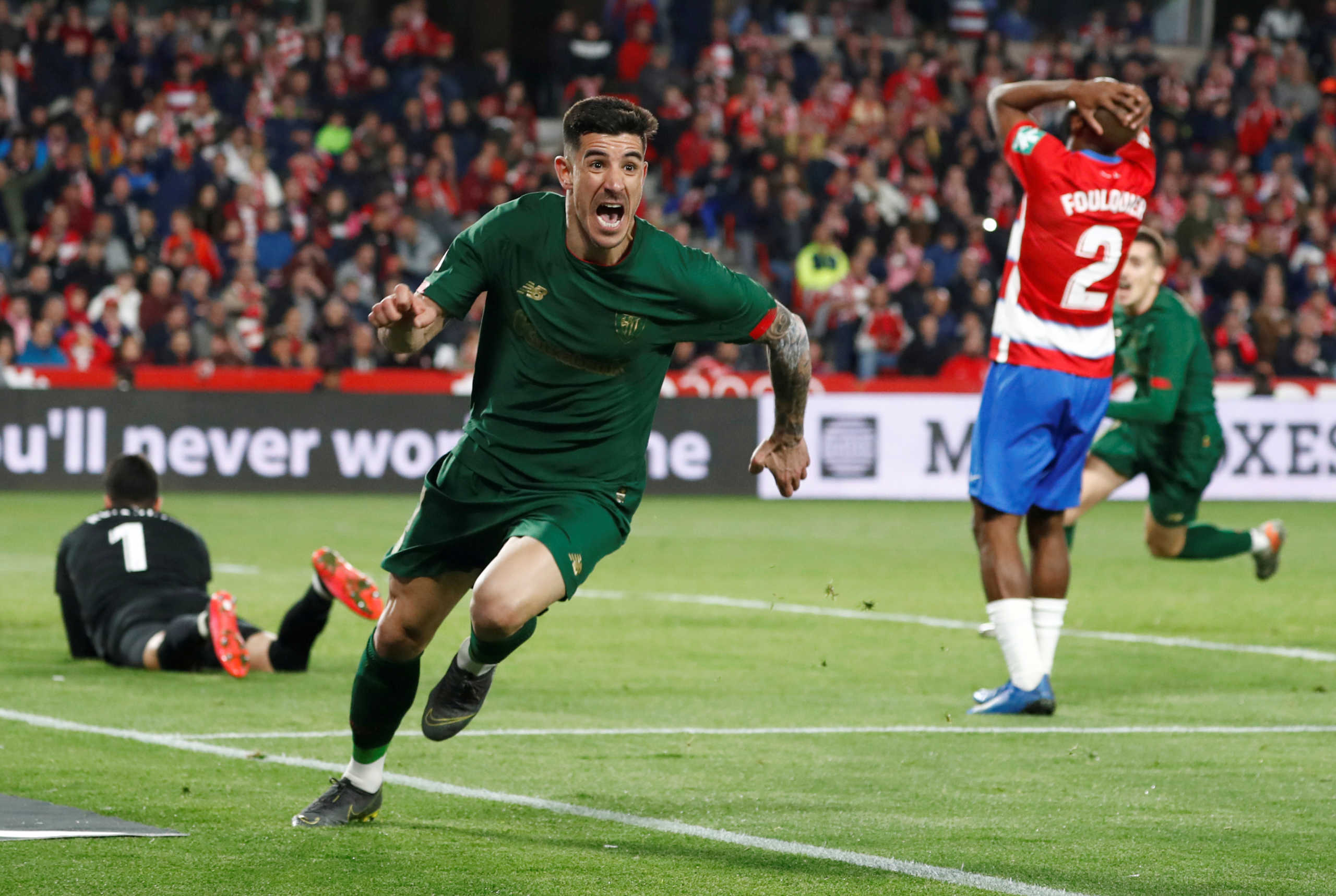 Soccer Football - Copa del Rey - Semi Final - Second Leg - Granada v Athletic Bilbao - Nuevo Estadio de Los Carmenes, Granada, Spain - March 5, 2020  Athletic Bilbao's Yuri Berchiche celebrates scoring their first goal   REUTERS