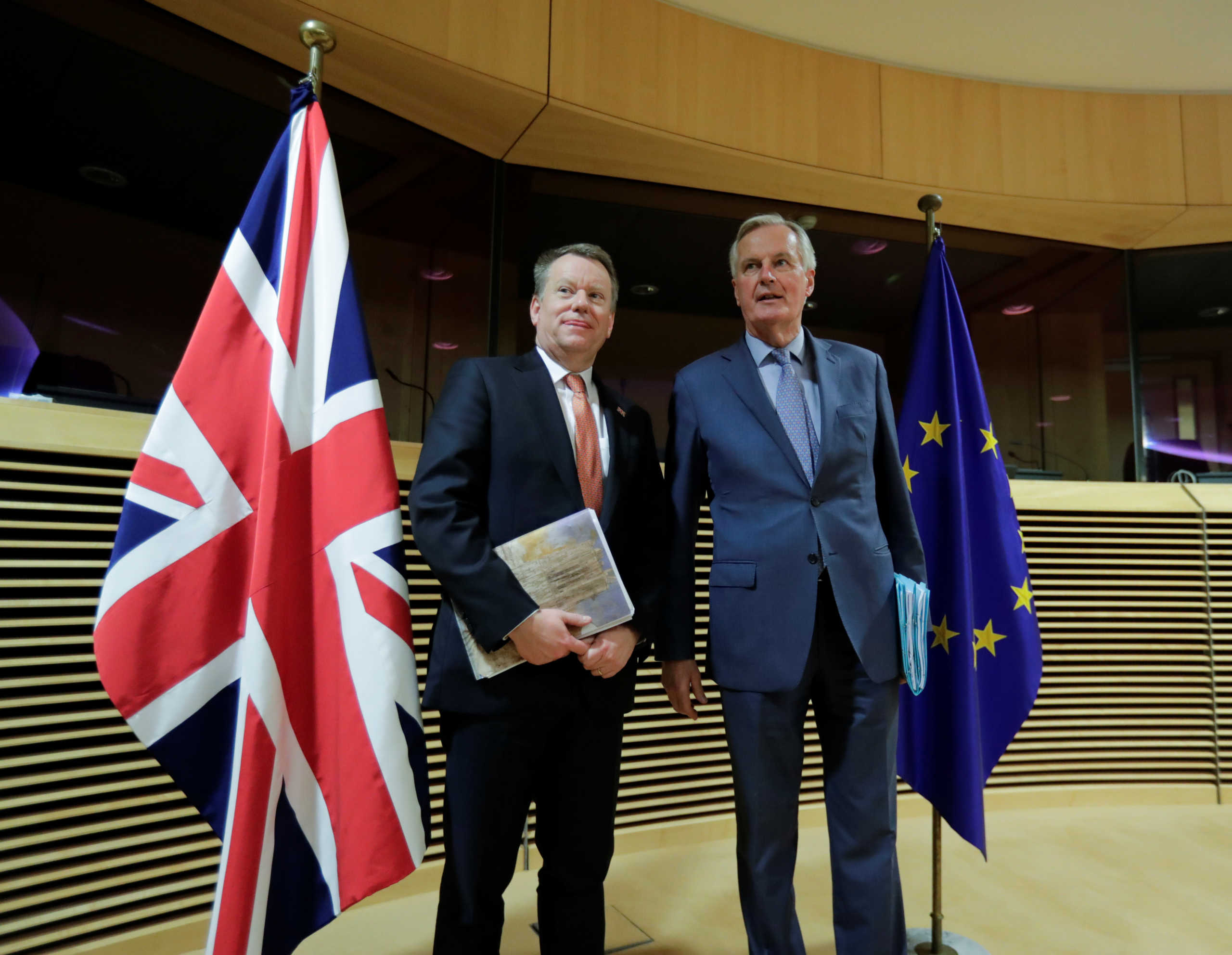 European Union chief Brexit negotiator Michel Barnier and British Prime Minister's Europe adviser David Frost 5 are seen at start of the first round of post -Brexit trade deal talks between the EU and the United Kingdom, in Brussels, Belgium March 2, 2020. Oliver Hoslet