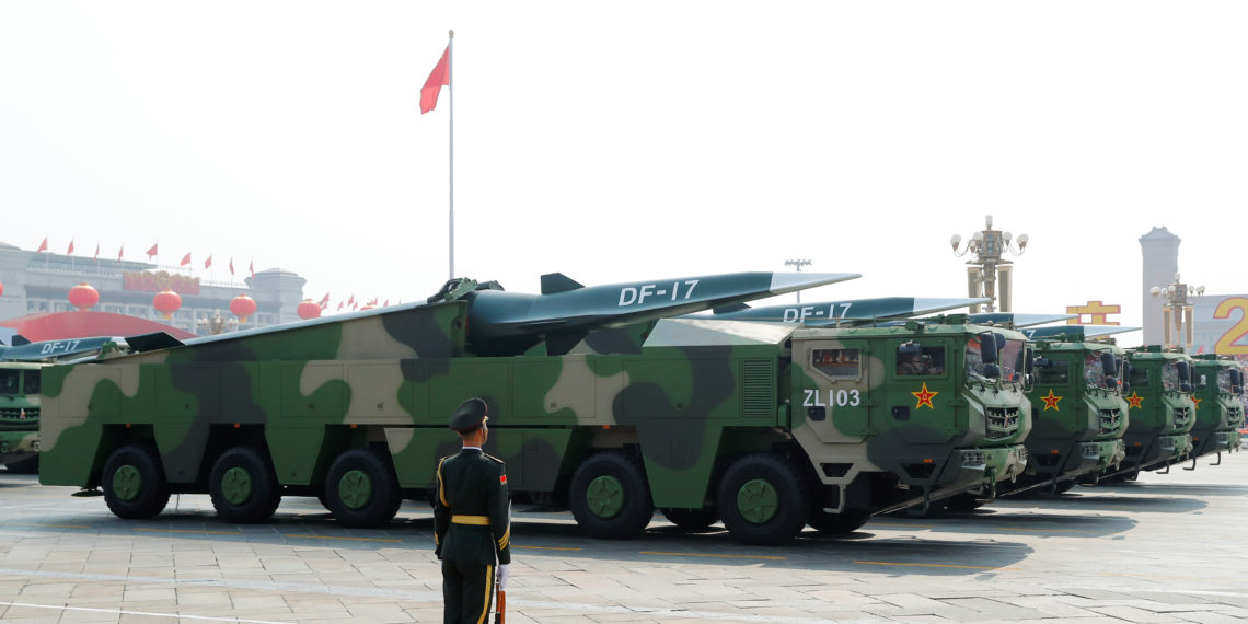 Military vehicles carrying hypersonic missiles DF-17 drive past Tiananmen Square during the military parade marking the 70th founding anniversary of People's Republic of China, on its National Day in Beijing, China October 1, 2019.  REUTERS