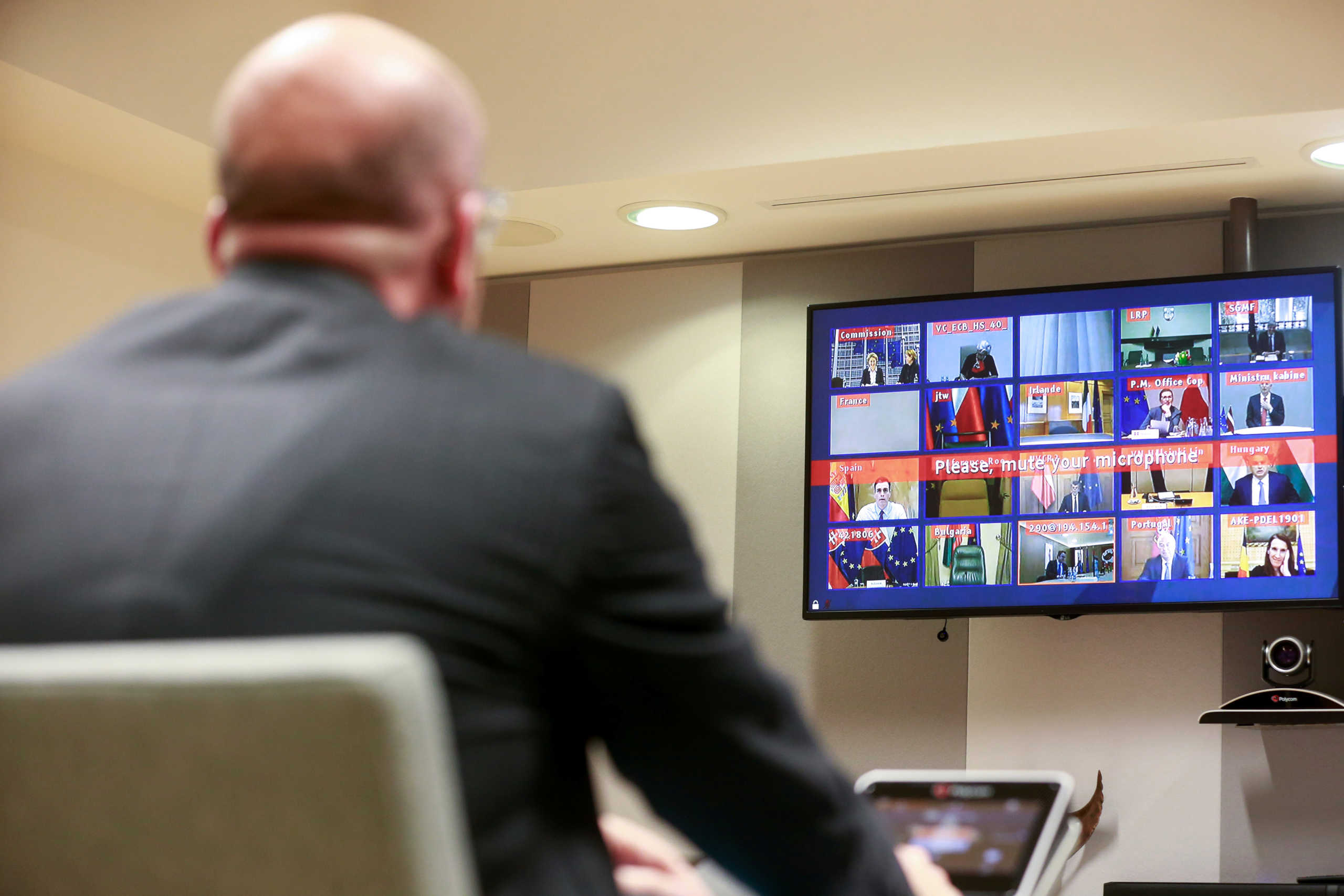 European Council President Charles Michel attends a conference call with European leaders on Coronavirus, COVID-19, at the European Council, Brussels, Belgium March 10, 2020. Stephanie Leqocq