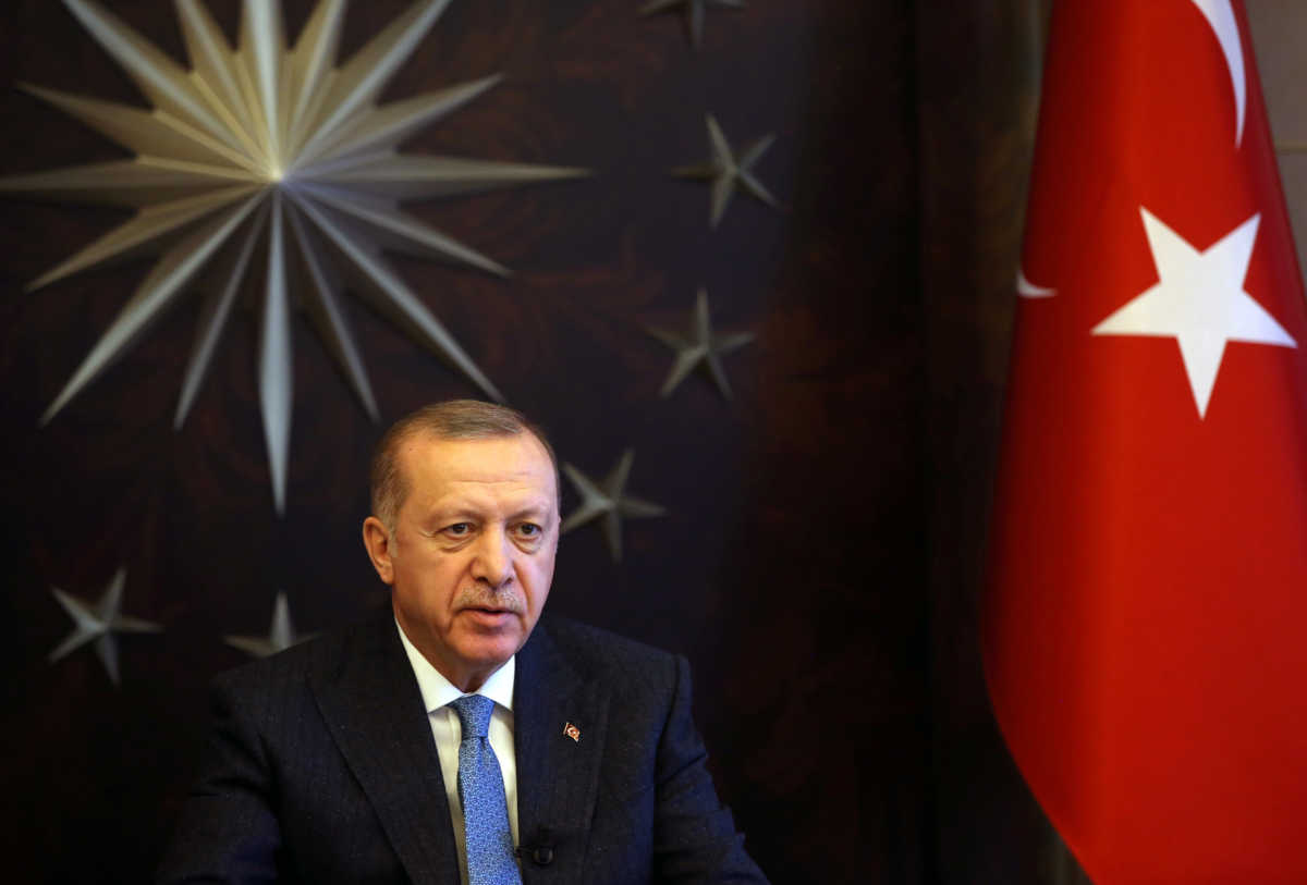 Turkish President Tayyip Erdogan attends a videoconference with G20 leaders to discuss the coronavirus disease (COVID-19) outbreak, at Huber Mansion in Istanbul, Turkey, March 26, 2020. Presidential Press Office