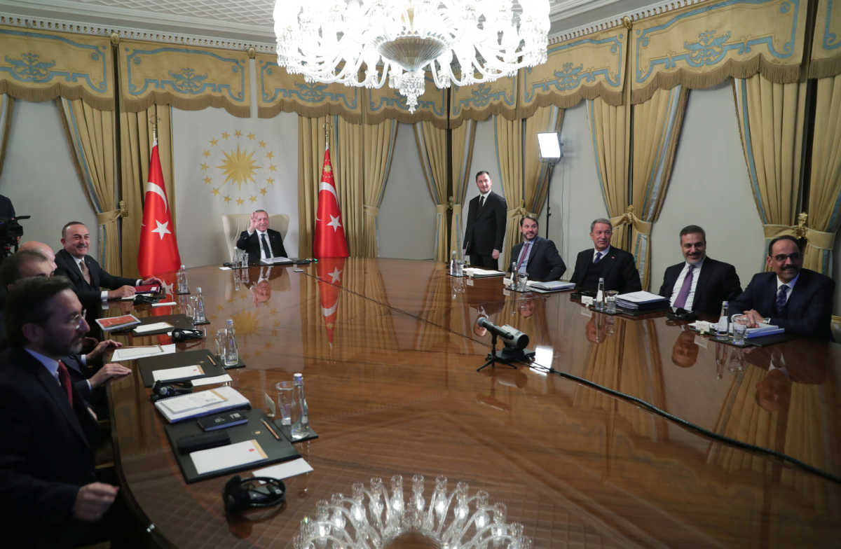 Turkish President Tayyip Erdogan attends a videoconference with French President Emmanuel Macron, German Chancellor Angela Merkel and British Prime Minister Boris Johnson in Ankara, Turkey, March 17, 2020. Mustafa Oztartan