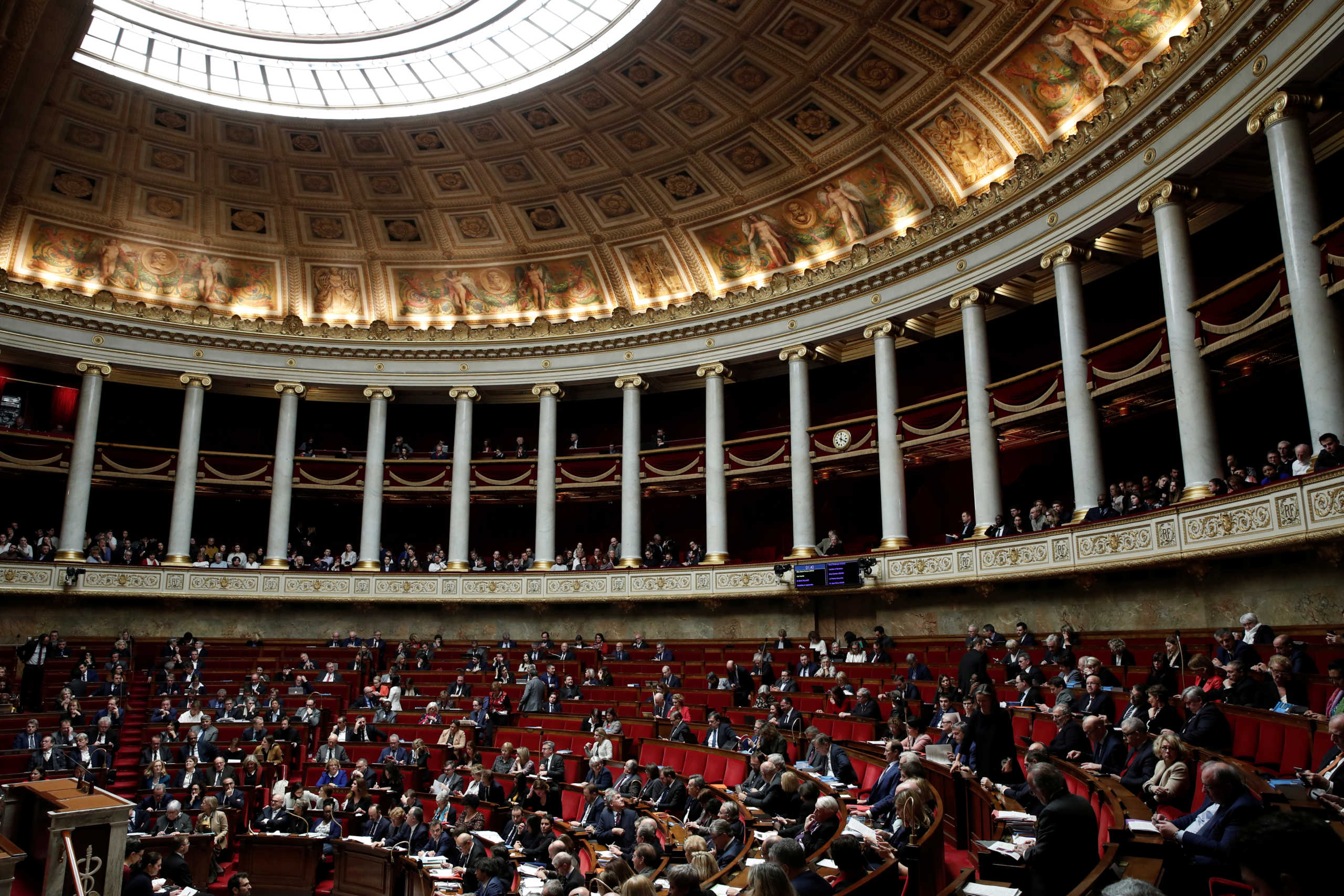 A general view shows the hemicycle during the questions to the government session before a no-confidence vote against French government's pension reform bill at the National Assembly in Paris, France, March 3, 2020. REUTERS