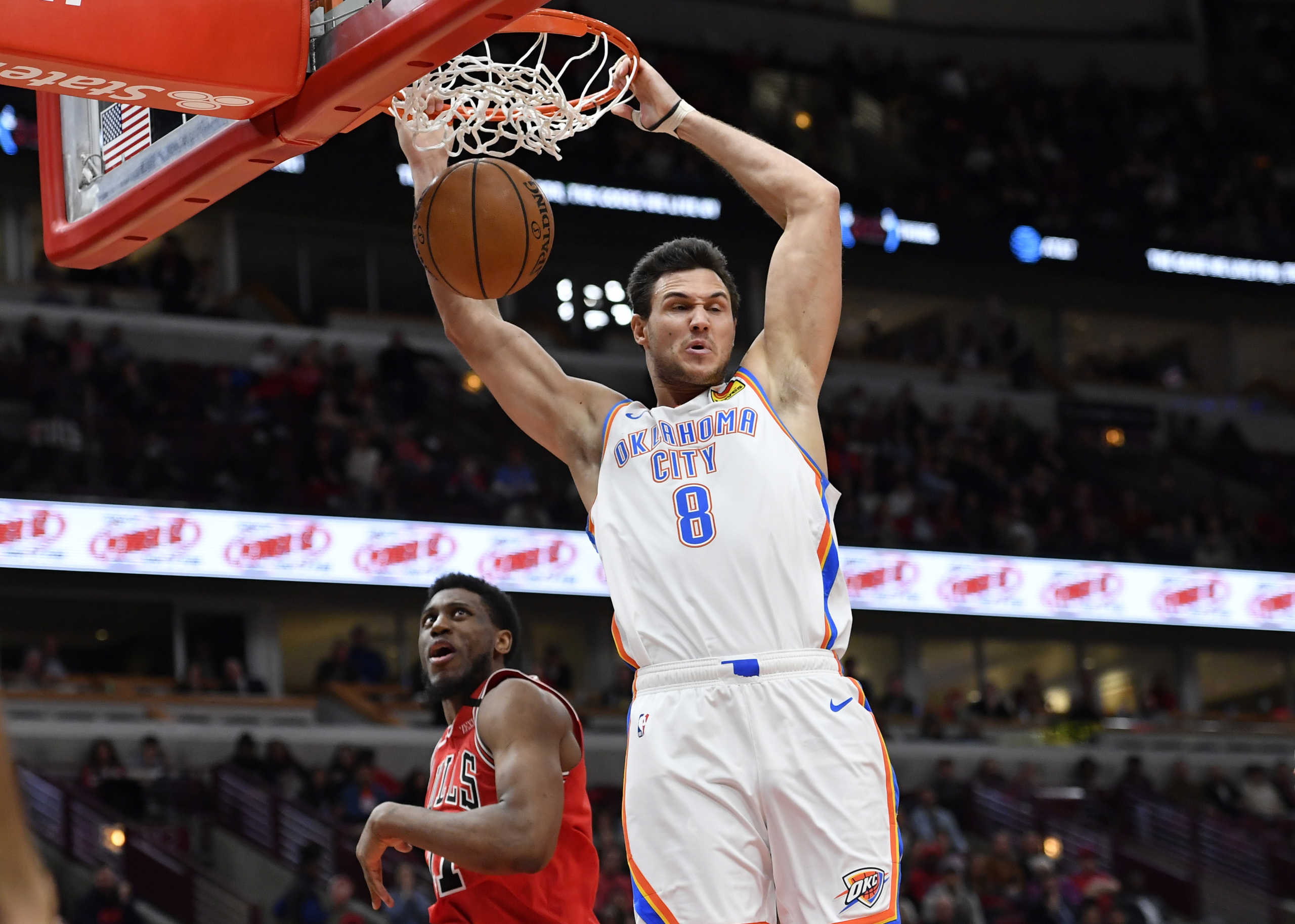 Feb 25, 2020; Chicago, Illinois, USA; Oklahoma City Thunder forward Danilo Gallinari (8) dunks the basketball in the second half against the Chicago Bulls at United Center. Mandatory Credit: Quinn Harris-USA TODAY Sports