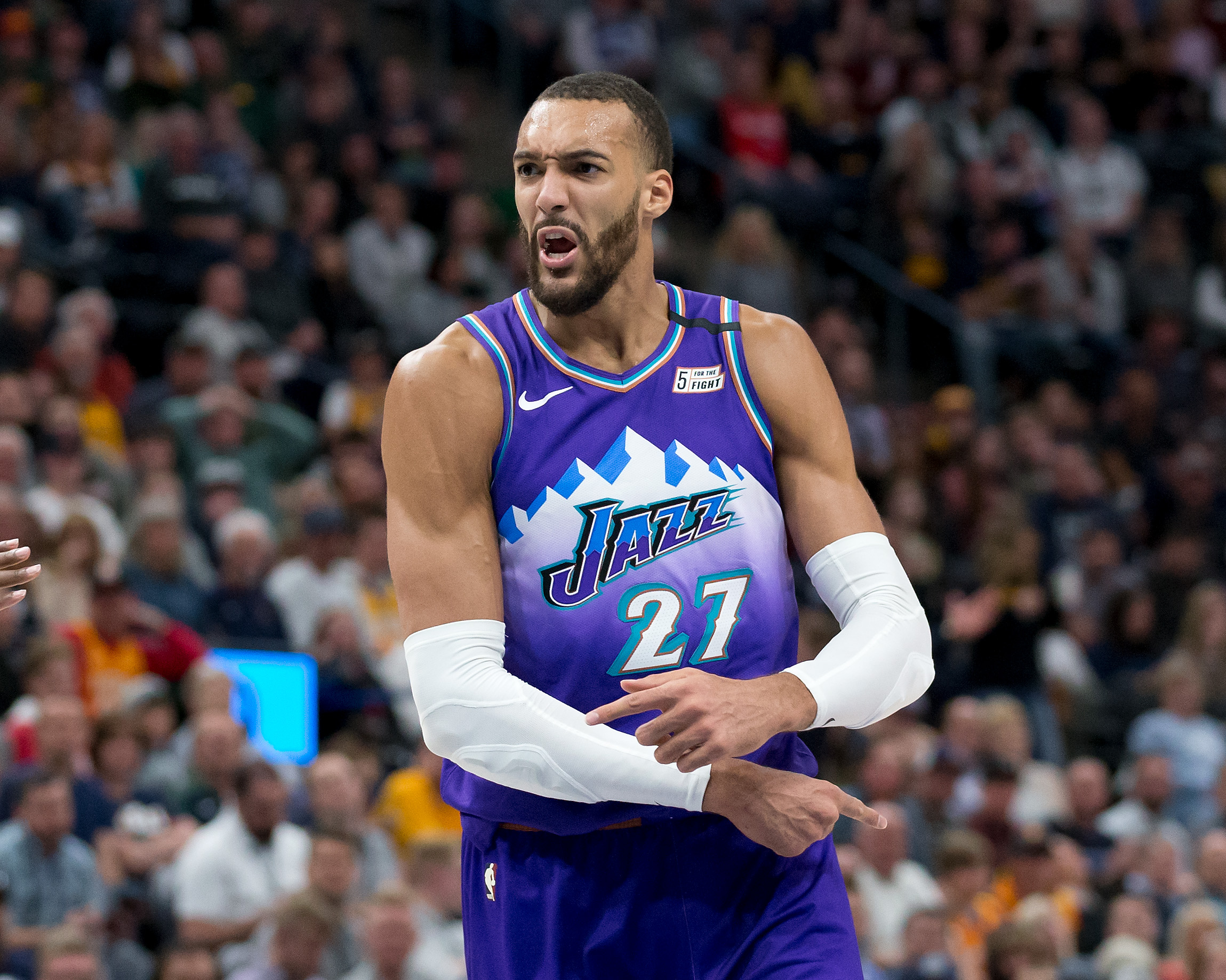 Feb 26, 2020; Salt Lake City, Utah, USA; Utah Jazz center Rudy Gobert (27) reacts to a call during the second half against the Boston Celtics at Vivint Smart Home Arena. Mandatory Credit: Russell Isabella-USA TODAY Sports