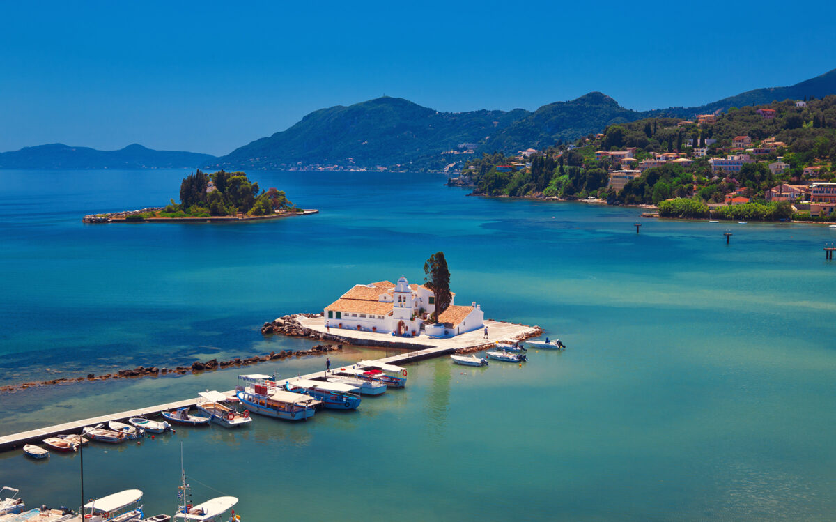 The Vlacherna Monastery and Mouse island (Pontikonisi) Corfu, Greece
