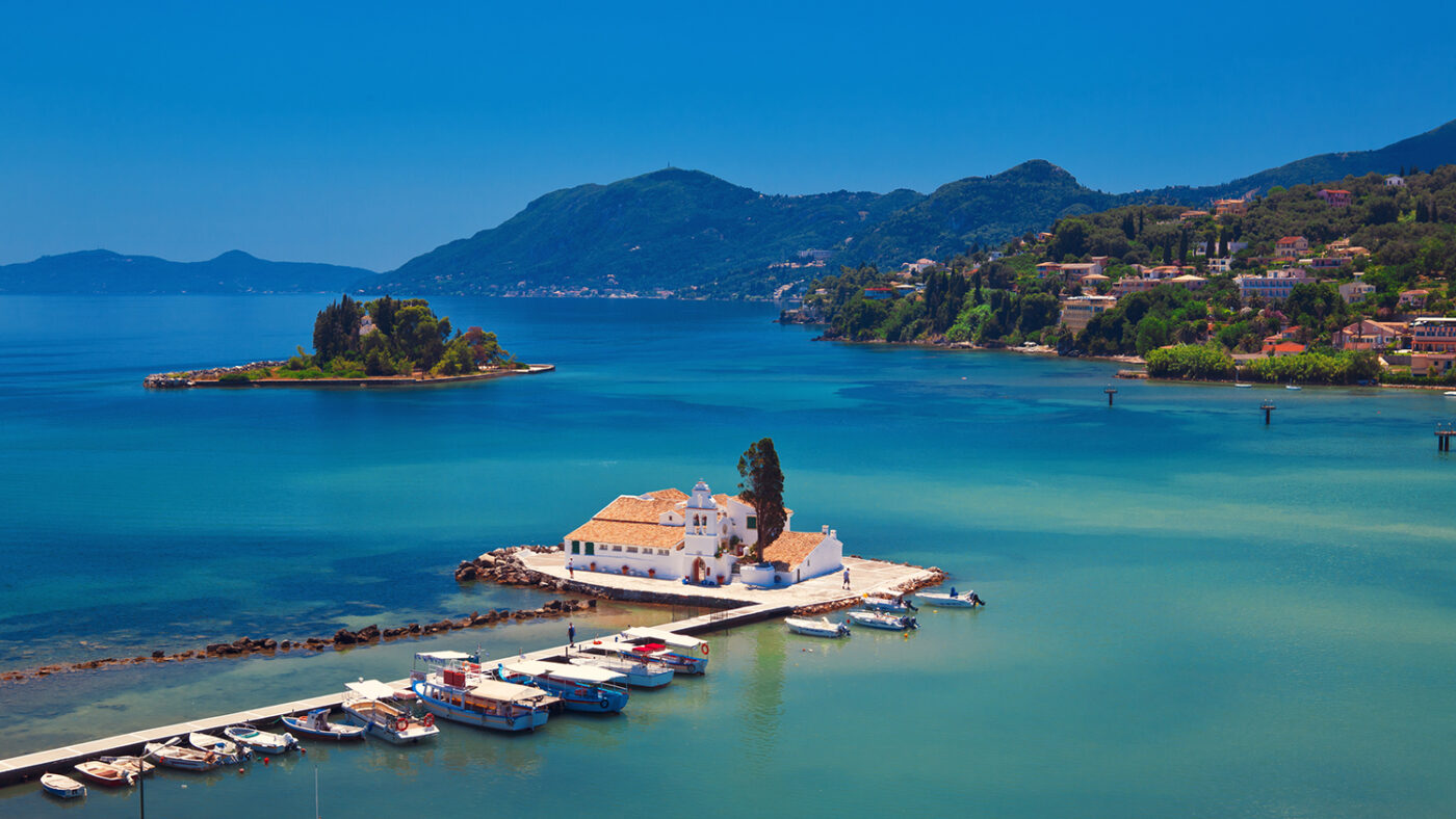 The Vlacherna Monastery and Mouse island (Pontikonisi) Corfu, Greece