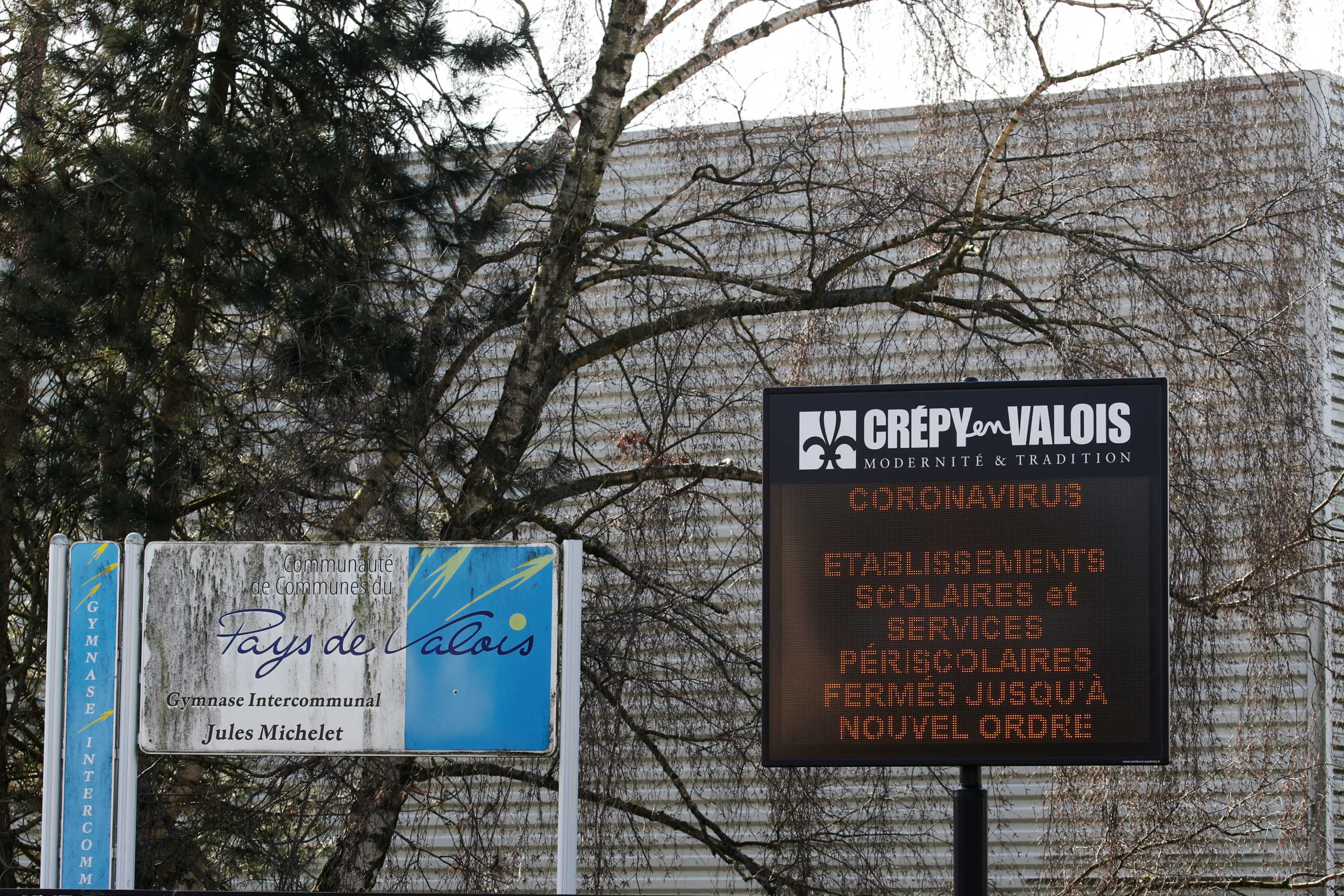 A digital billboard indicates that all schools are closed in the Oise department which is one of the major epicentre of coronavirus (Covid-19) in Crepy-en-Valoi,  France, March 7, 2020.     REUTERS