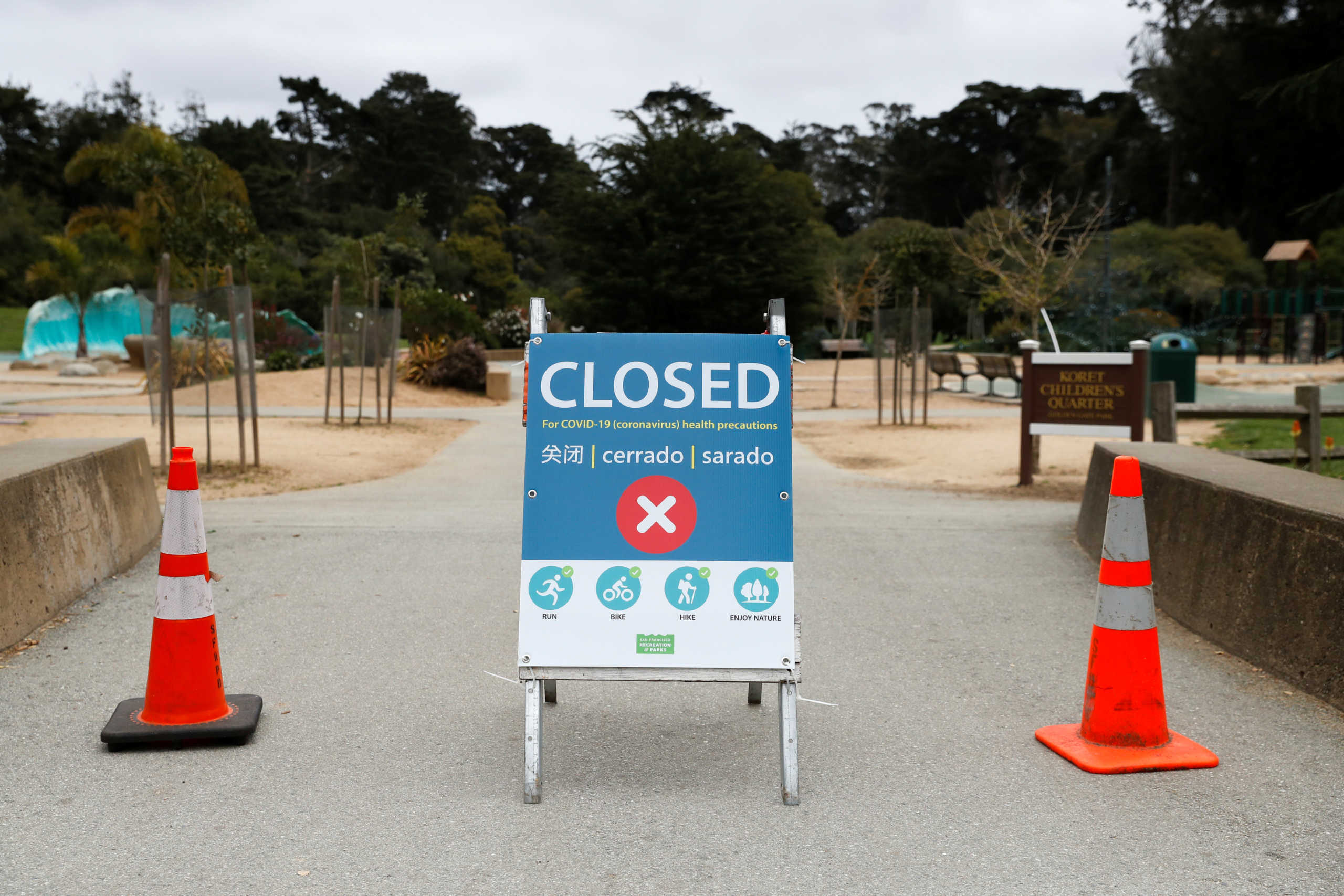 A sign announcing the closure of the Koret Playground is seen in Golden Gate Park as California continues its statewide "stay at home order" directing the state?s 40 million residents to stay in their homes in the face of the fast-spreading coronavirus disease (COVID-19) in San Francisco, California, U.S. March 23, 2020. REUTERS