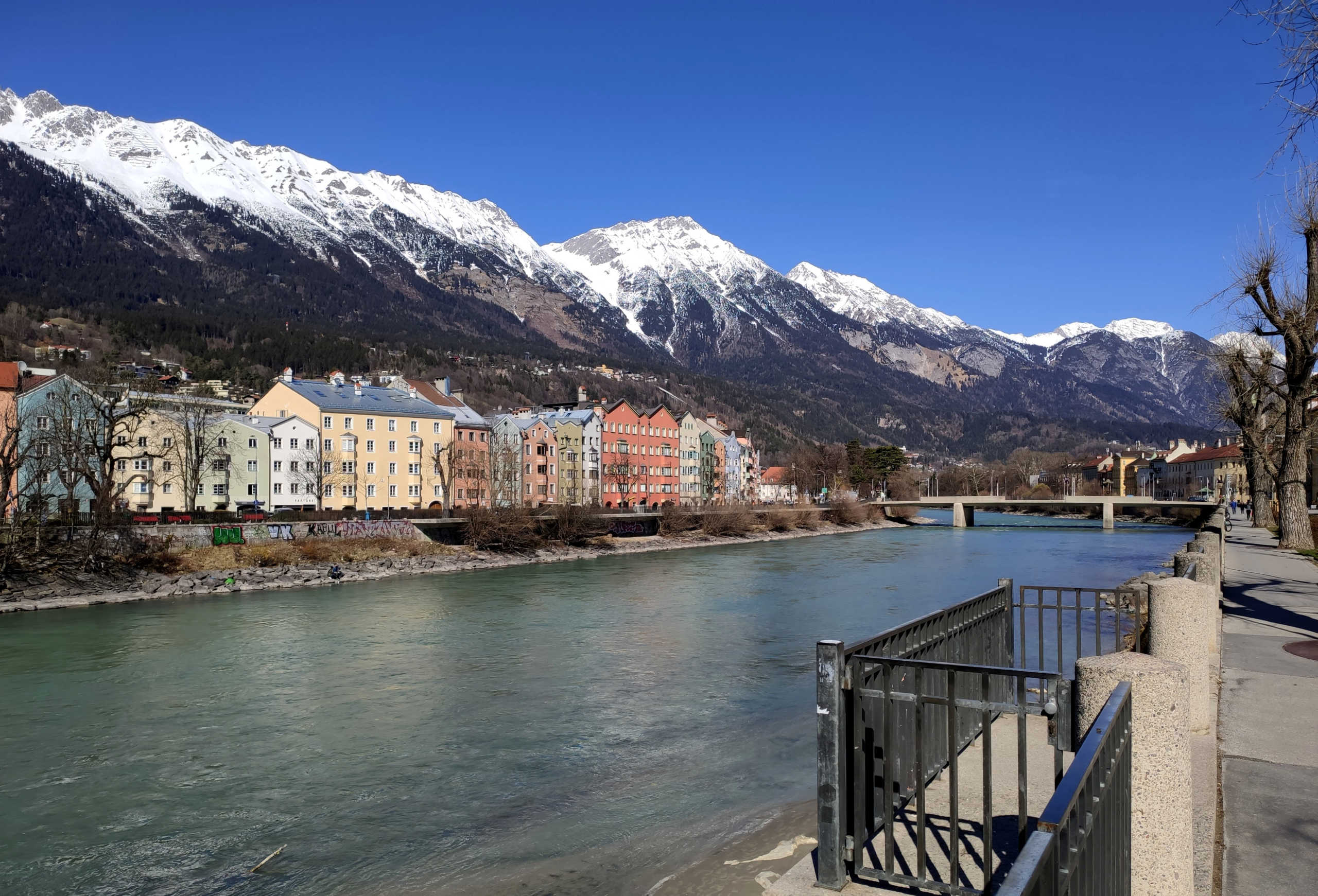 Residential houses are seen in front of Nordkette mountains at the river Inn after the government announced a curfew on the Austrian province of Tyrol amid growing coronavirus disease (Covid-19) in Innsbruck, Austria March 15, 2020. REUTERS