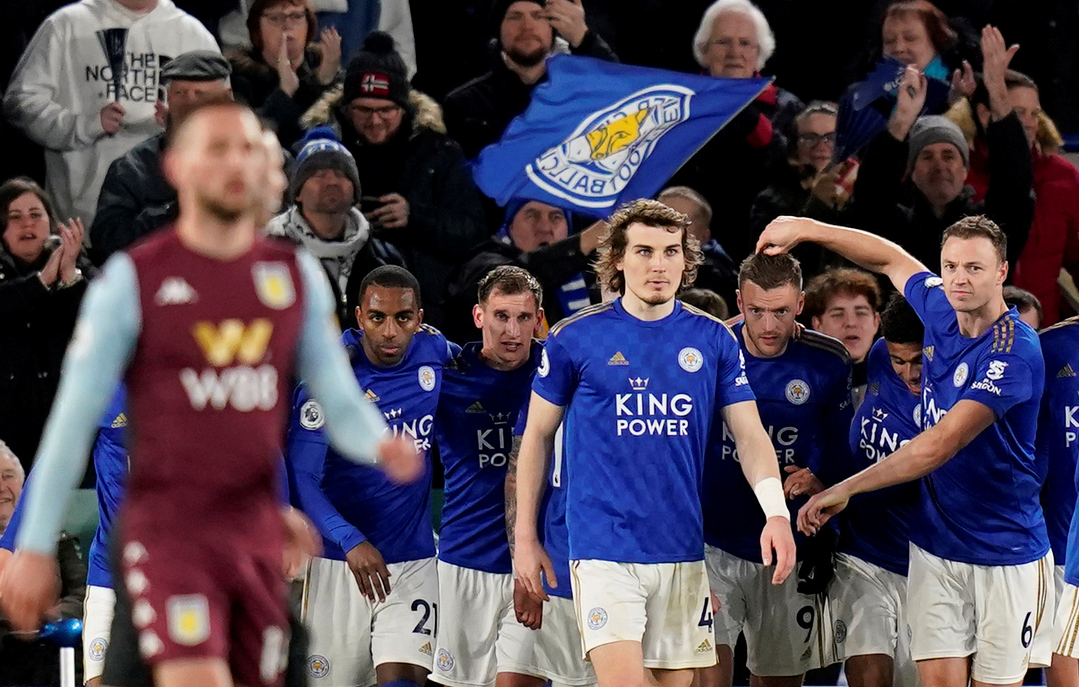 FILE PHOTO: Soccer Football - Premier League - Leicester City v Aston Villa - King Power Stadium, Leicester, Britain - March 9, 2020   Leicester City's Jamie Vardy celebrates with teammates after scoring their second goal from the penalty spot    REUTERS