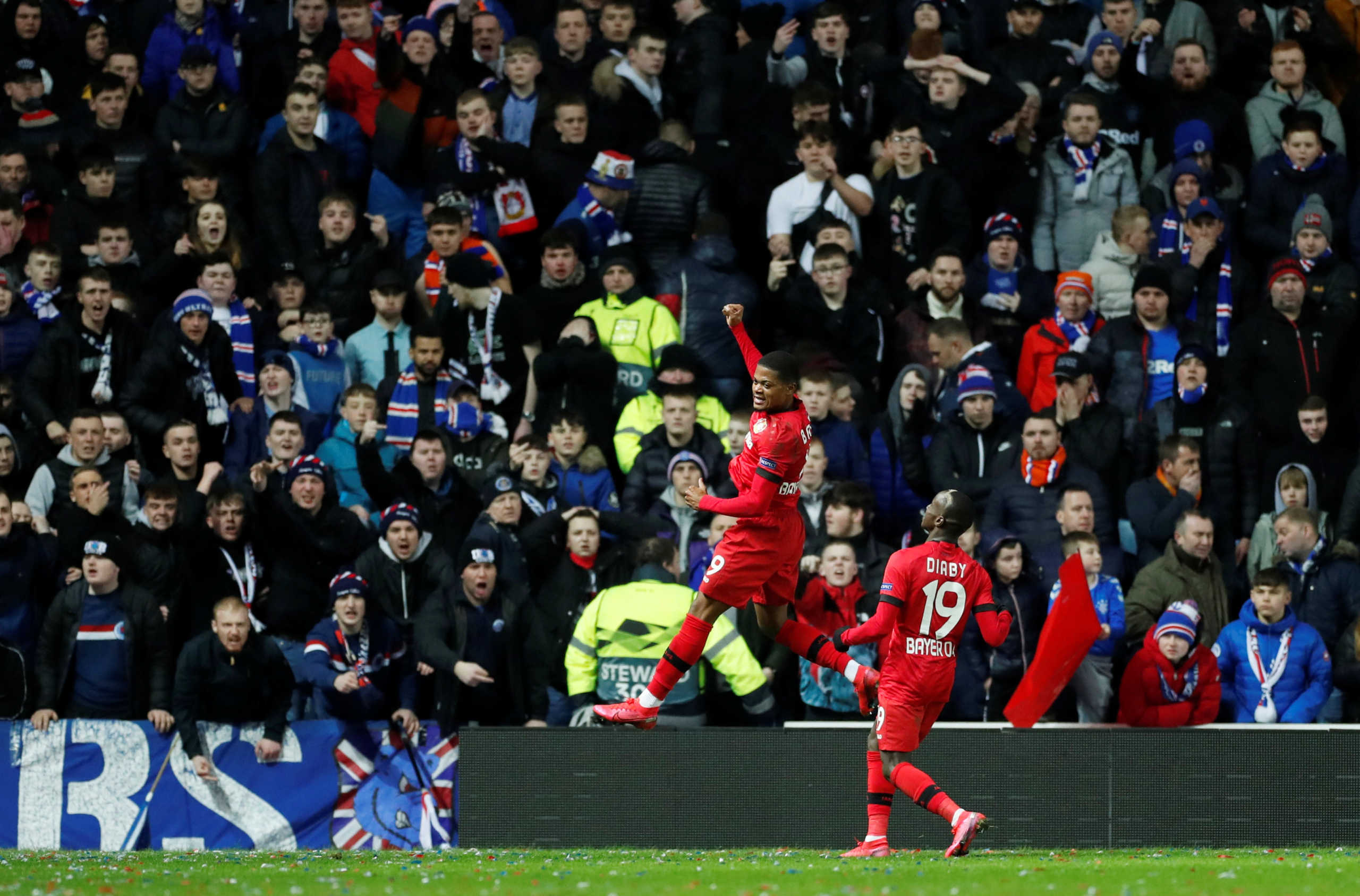 Soccer Football - Europa League - Round of 16 First Leg - Rangers v Bayer Leverkusen - Ibrox, Glasgow, Scotland, Britain - March 12, 2020  Bayer Leverkusen's Leon Bailey celebrates scoring their third goal     Action Images via Reuters