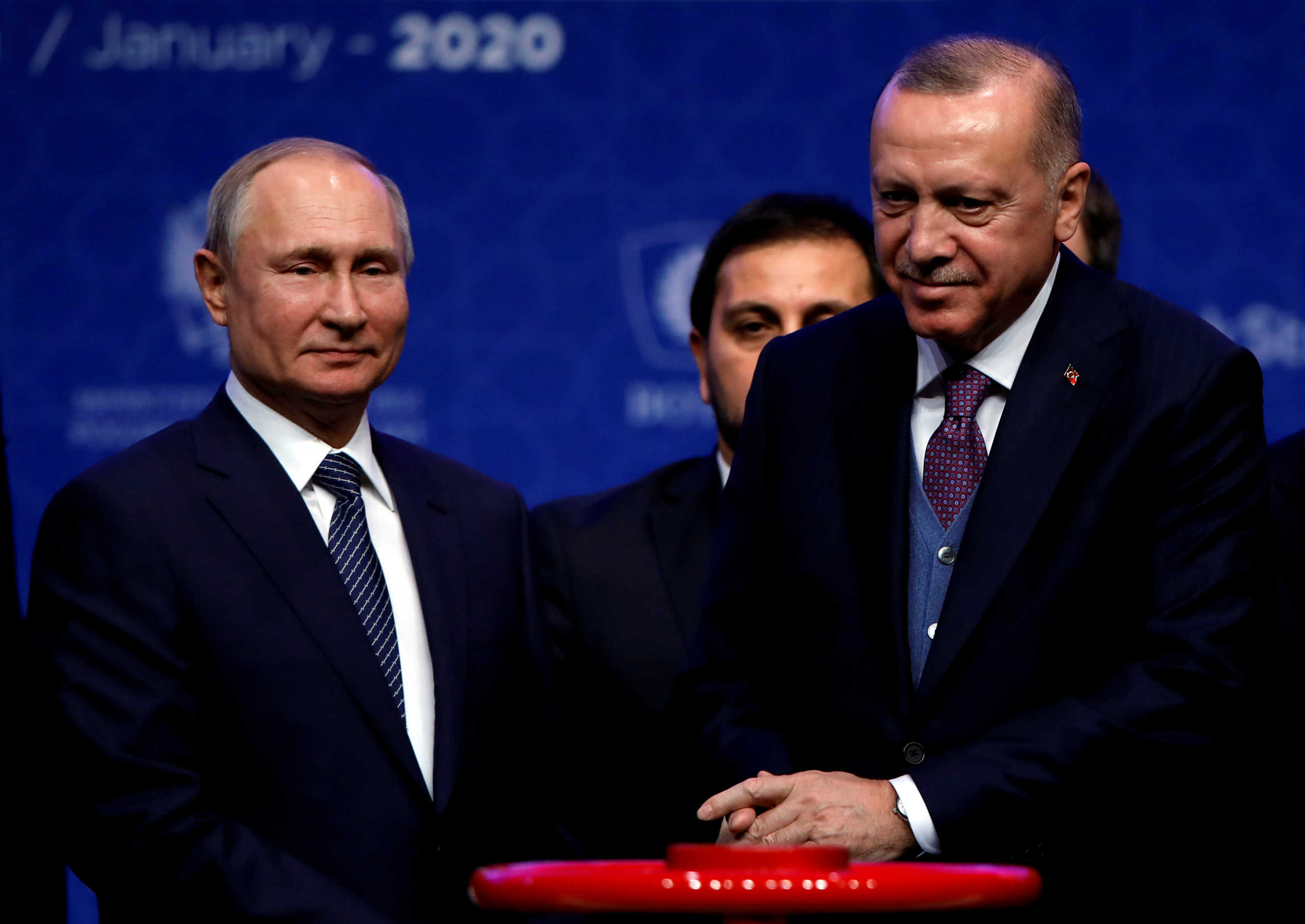 FILE PHOTO: Turkish President Tayyip Erdogan and Russian President Vladimir Putin attend a ceremony marking the formal launch of the TurkStream pipeline which will carry Russian natural gas to southern Europe through Turkey, in Istanbul, Turkey, January 8, 2020. REUTERS