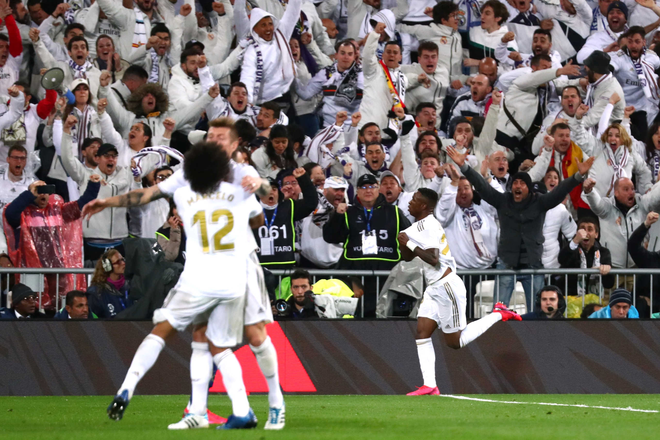 Soccer Football - La Liga Santander - Real Madrid v Barcelona - Santiago Bernabeu, Madrid, Spain - March 1, 2020  Real Madrid's Vinicius Junior celebrates scoring their first goal with Toni Kroos and Marcelo   REUTERS