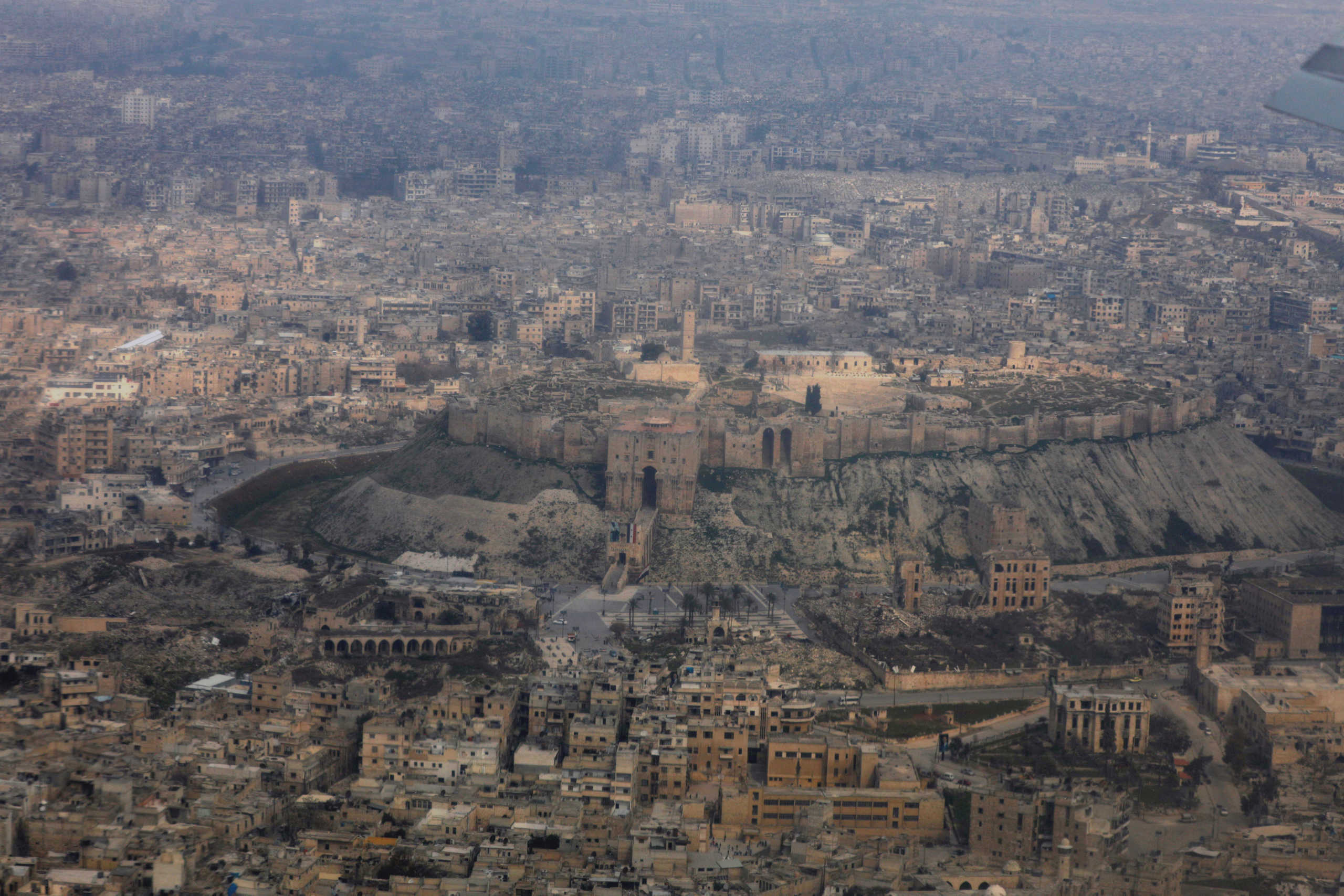 Aleppo's historic citadel is pictured from a SyrianAir Airbus A320-200 heading to Aleppo international airport that has been reopened for the first time in years, Syria February 19, 2020. REUTERS