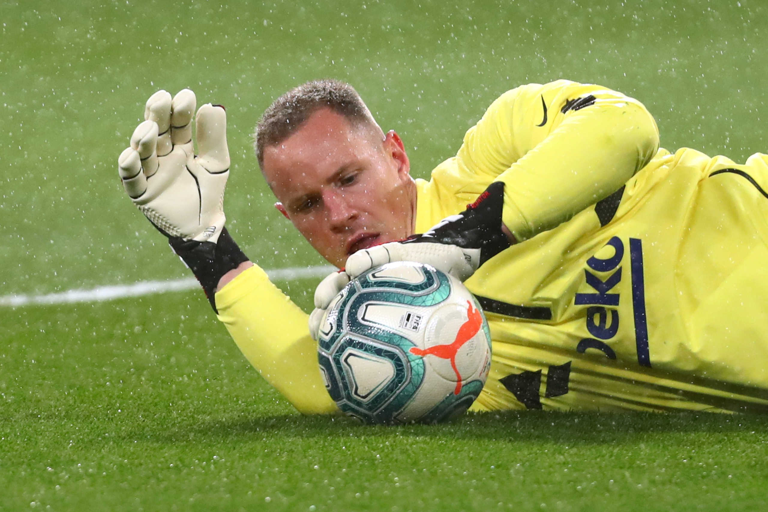 Soccer Football - La Liga Santander - Real Madrid v Barcelona - Santiago Bernabeu, Madrid, Spain - March 1, 2020  Barcelona's Marc-Andre ter Stegen during the warm up before the match   REUTERS