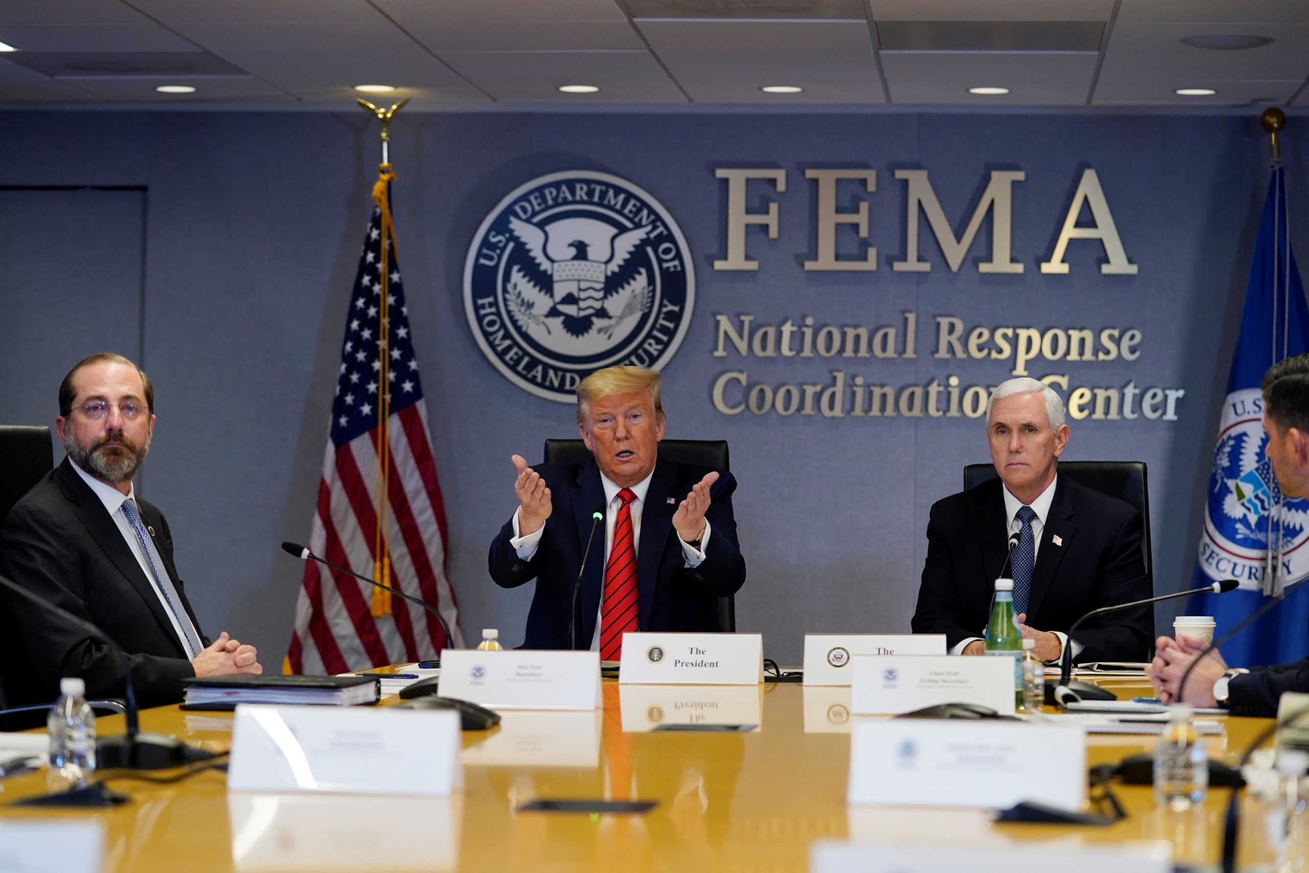 U.S. President Donald Trump speaks during a teleconference with governors to discuss partnerships to ?prepare, mitigate and respond to COVID-19" at the headquarters of the Federal Emergency Management Agency (FEMA) amid coronavirus fears, in Washington, U.S. March 19, 2020.   Evan Vucci