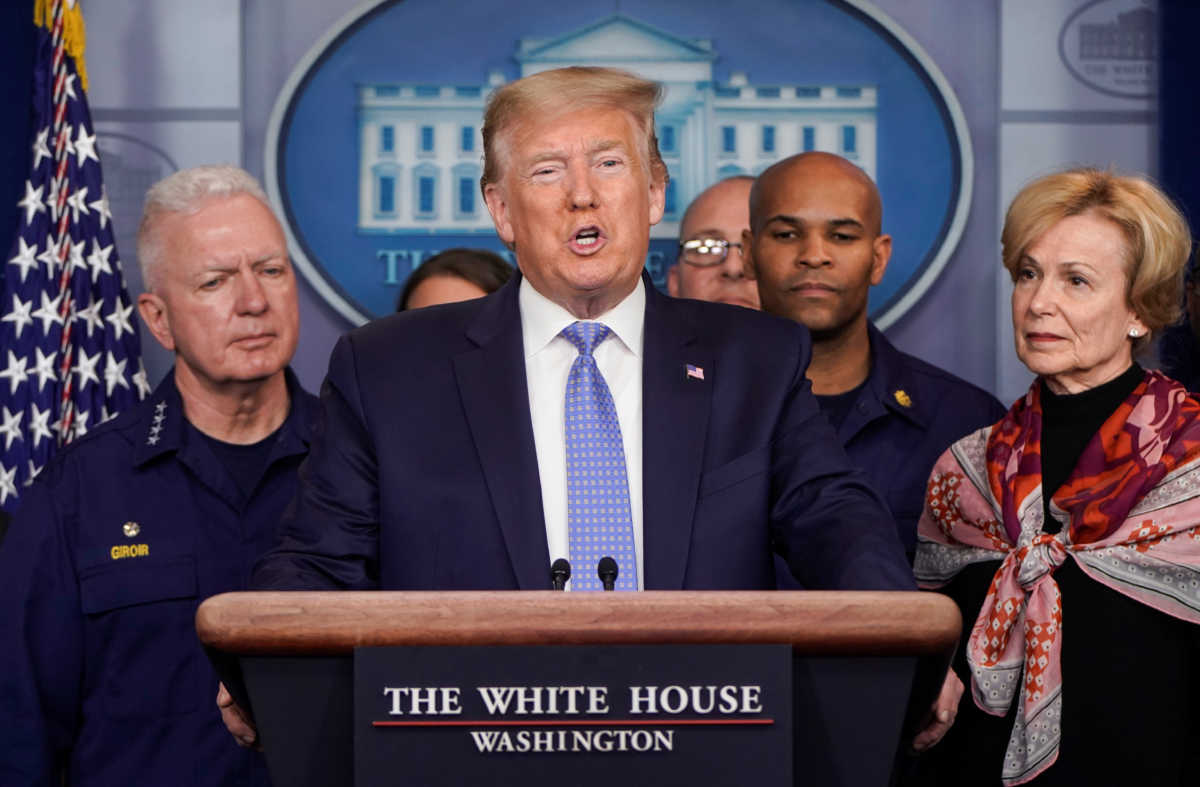 U.S. President Donald Trump speaks during a news briefing on the administration's response to the coronavirus at the White House in Washington, U.S., March 15, 2020.      REUTERS