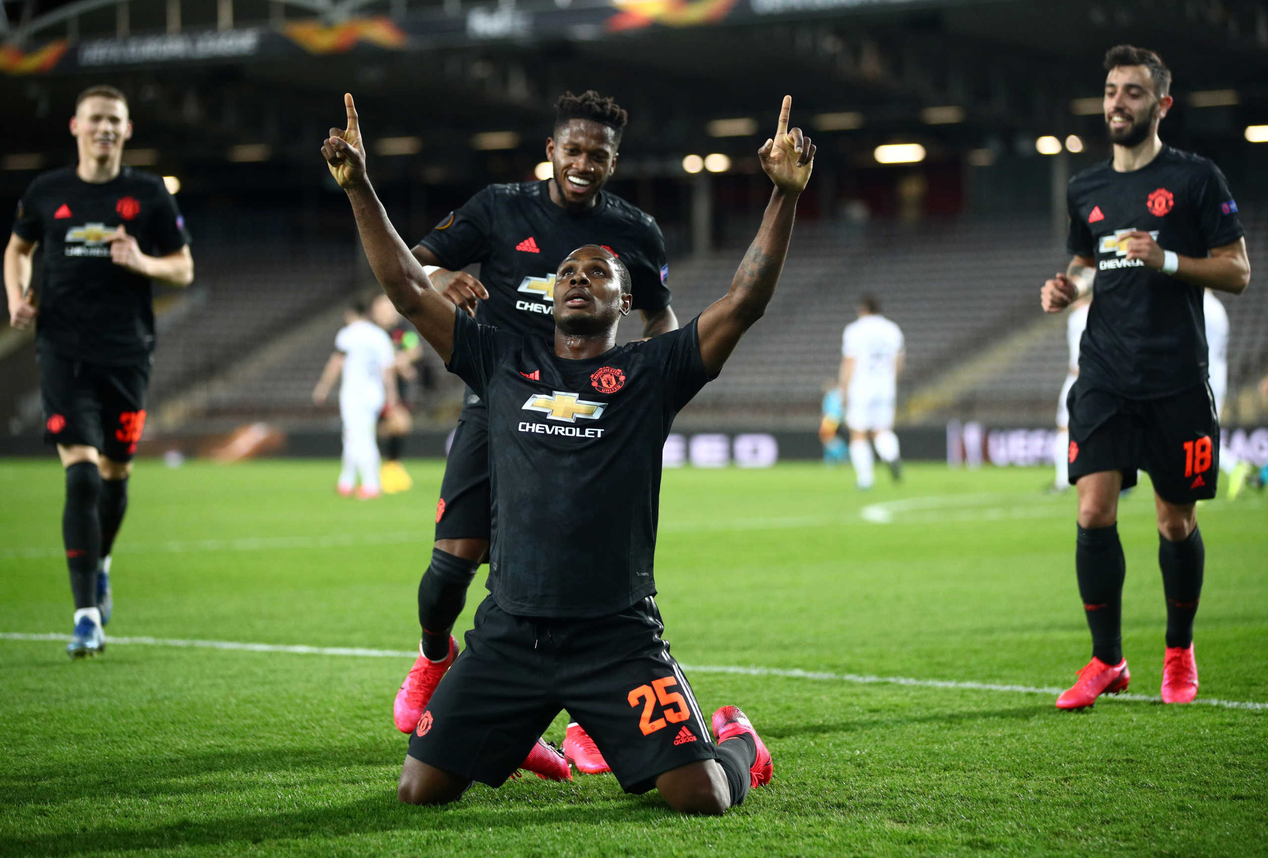 Soccer Football - Europa League - Round of 16 First Leg - LASK Linz v Manchester United - Linzer Stadion, Linz, Austria - March 12, 2020  Manchester United's Odion Ighalo celebrates scoring their first goal    REUTERS