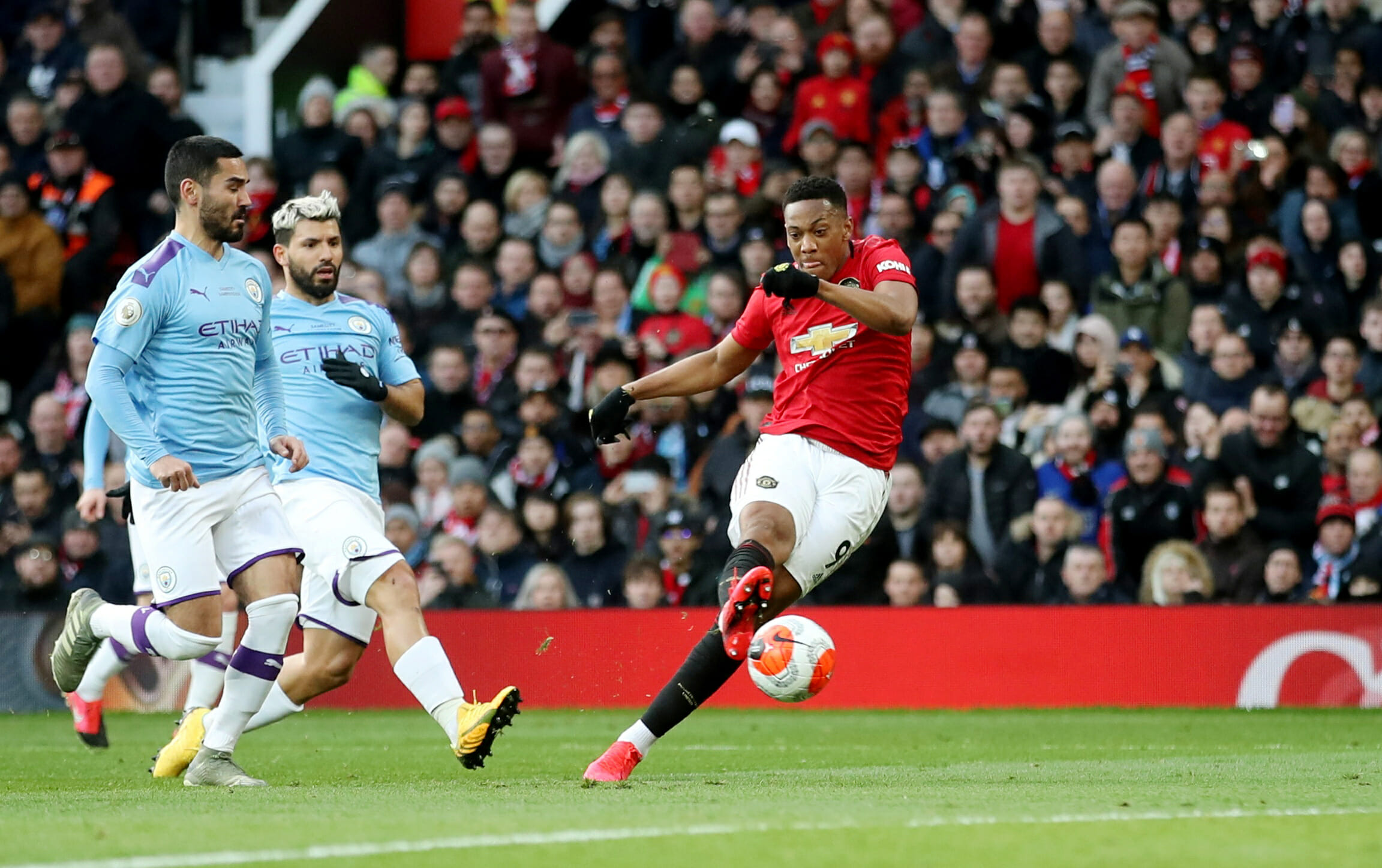 Soccer Football - Premier League - Manchester United v Manchester City - Old Trafford, Manchester, Britain - March 8, 2020  Manchester United's Anthony Martial scores their first goal   Action Images via Reuters