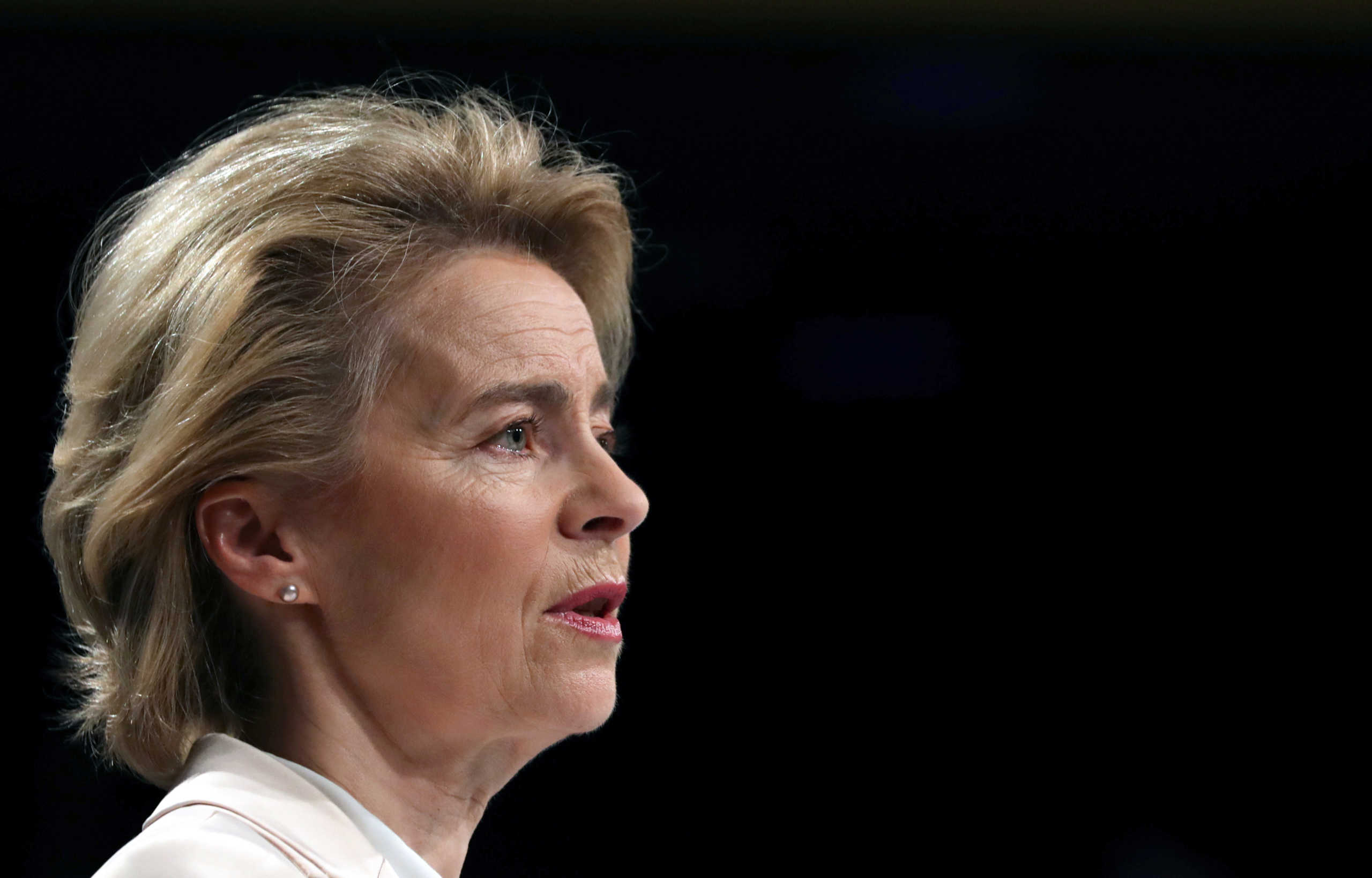 European Commission President Ursula von der Leyen speaks on the first 100 days of the EU Commission in Brussels, Belgium, March 9, 2020. REUTERS
