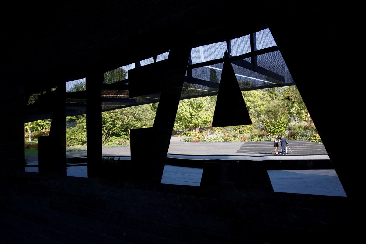 FILE PHOTO: Soccer Football - Official Draw for the FIFA Club World Cup UAE 2018 - Zurich, Switzerland - September 4, 2018  General view of the FIFA logo before the start of the draw  REUTERS