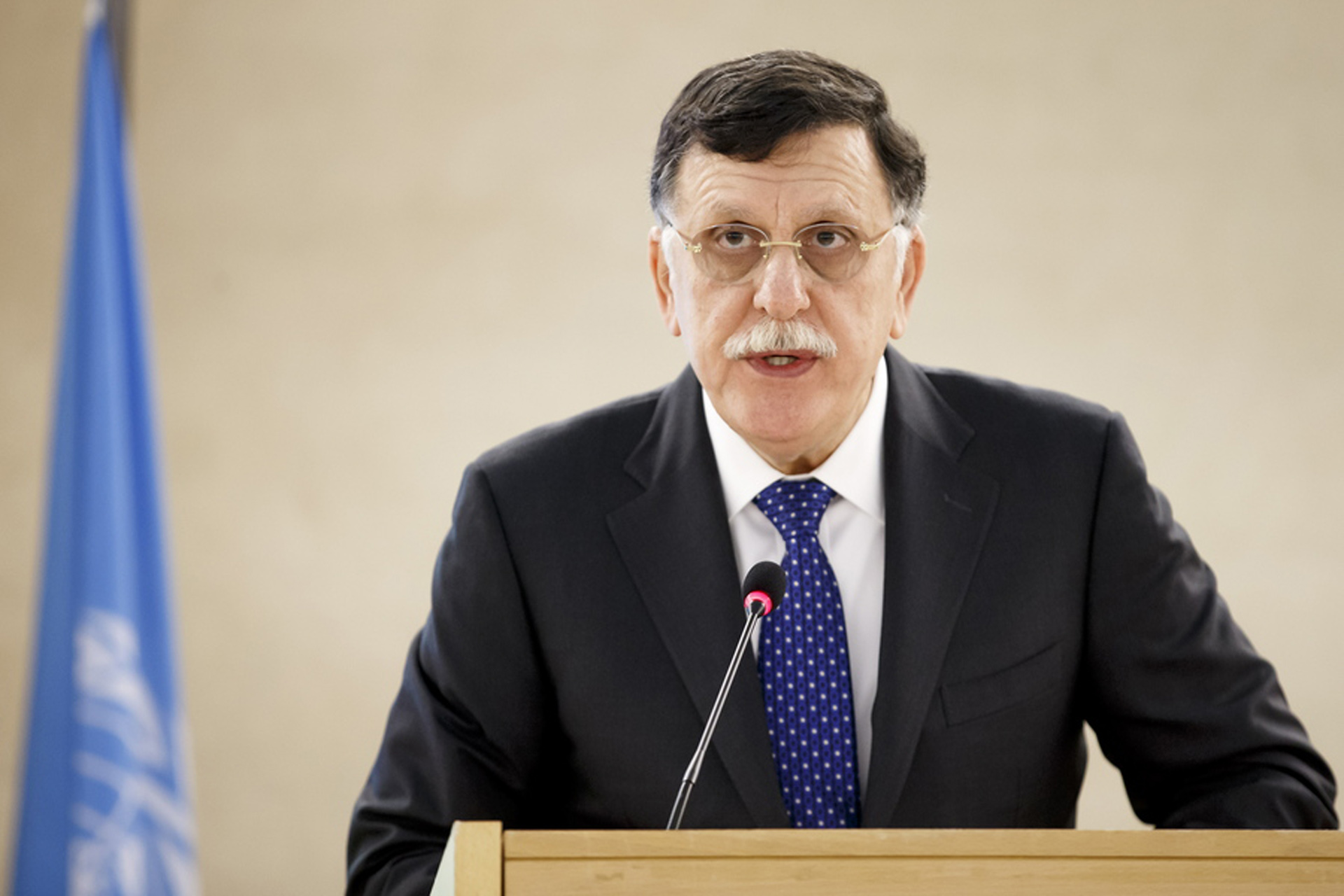 epa08243167 Faiez Mustafa Serraj, President of the Presidency Council of the Government of National Accord of Libya, delivers his statement, during the High-Level Segment of the 43rd session of the Human Rights Council, at the European headquarters of the United Nations (UNOG) in Geneva, Switzerland, 24 February 2020.  EPA