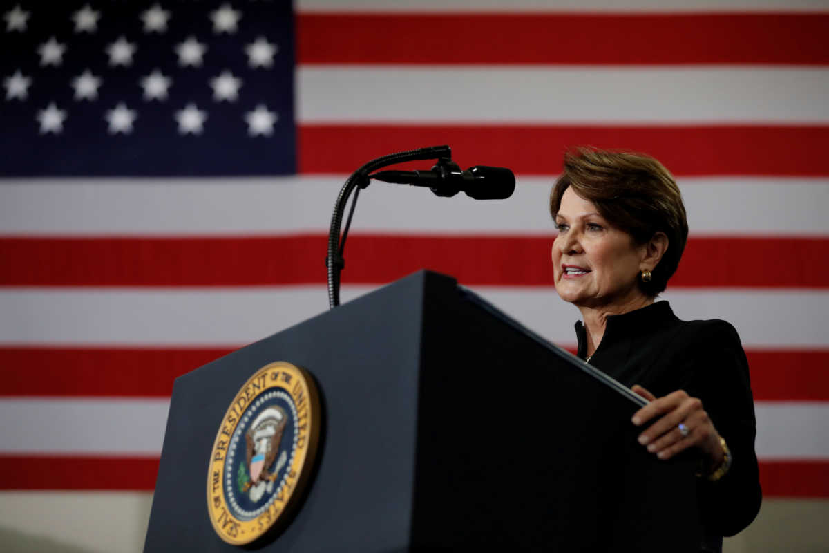 FILE PHOTO: Lockheed Martin CEO Marillyn Hewson speaks prior to the arrival of U.S. President Donald Trump  during a visit to Derco Aerospace Inc., a Lockheed Martin subsidiary, in Milwaukee, Wisconsin, U.S., July 12, 2019. REUTERS