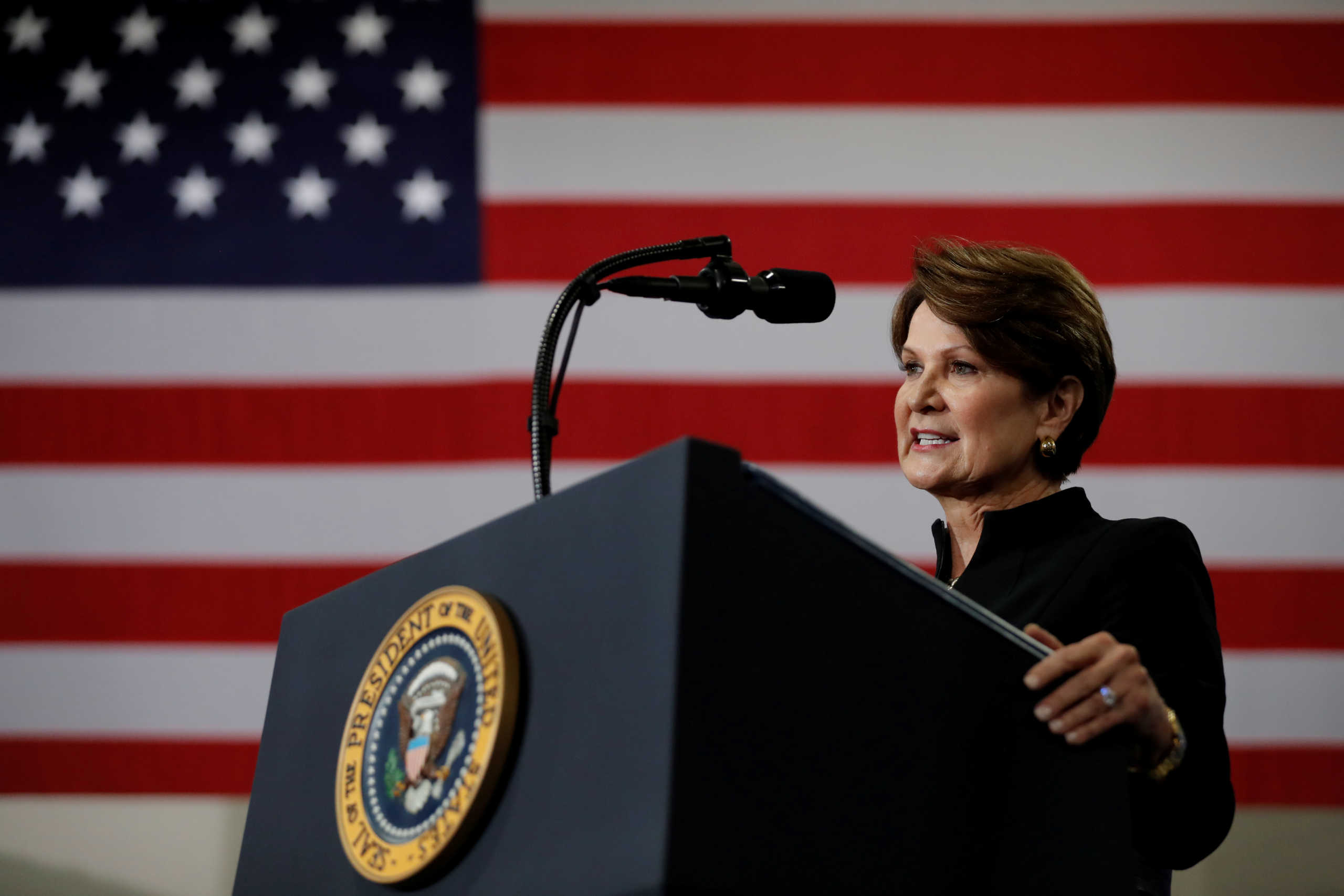 FILE PHOTO: Lockheed Martin CEO Marillyn Hewson speaks prior to the arrival of U.S. President Donald Trump  during a visit to Derco Aerospace Inc., a Lockheed Martin subsidiary, in Milwaukee, Wisconsin, U.S., July 12, 2019. REUTERS