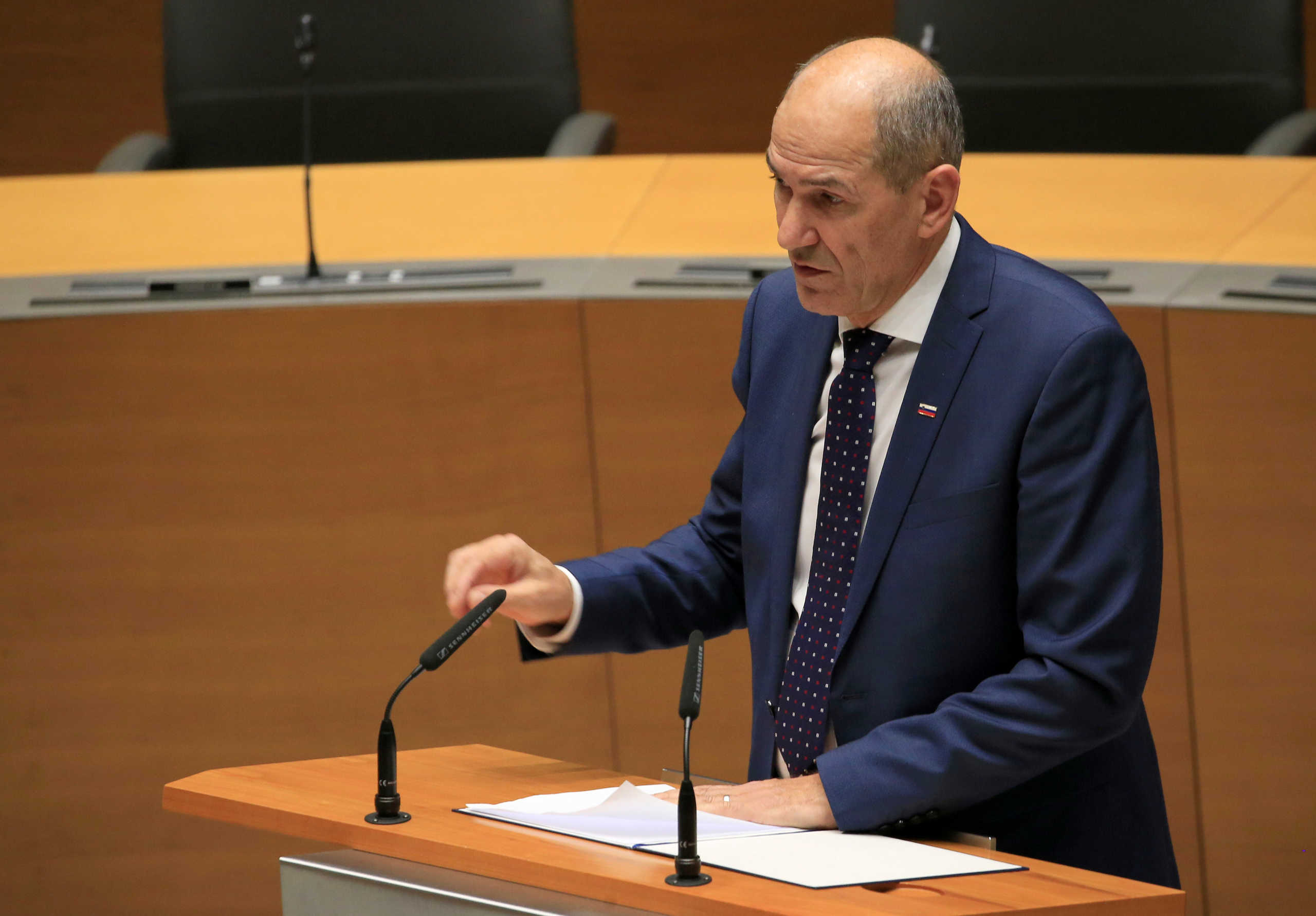 Janez Jansa, new Slovenian Prime Minister speaks in parliament in Ljubljana, Slovenia, March 13 , 2020. REUTERS