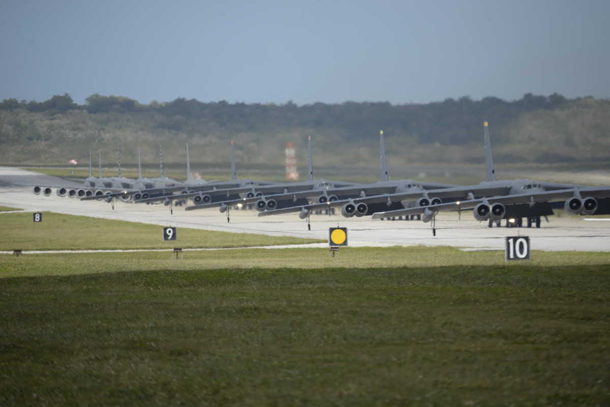 A U.S. Navy MH-60S Knighthawk, MQ-4C Triton, U.S. Air Force RQ-4 Global Hawk, B-52 Stratofortresses, and KC-135 Stratotankers stationed at Andersen Air Force Base, Guam, perform an "Elephant Walk" April 13, 2020. The Elephant Walk showcases the 36th Wing's readiness and ability to generate combat airpower at a moment's notice to ensure regional stability throughout the Indo-Pacific. (U.S. Air Force photo by Staff Sgt. Divine Cox)