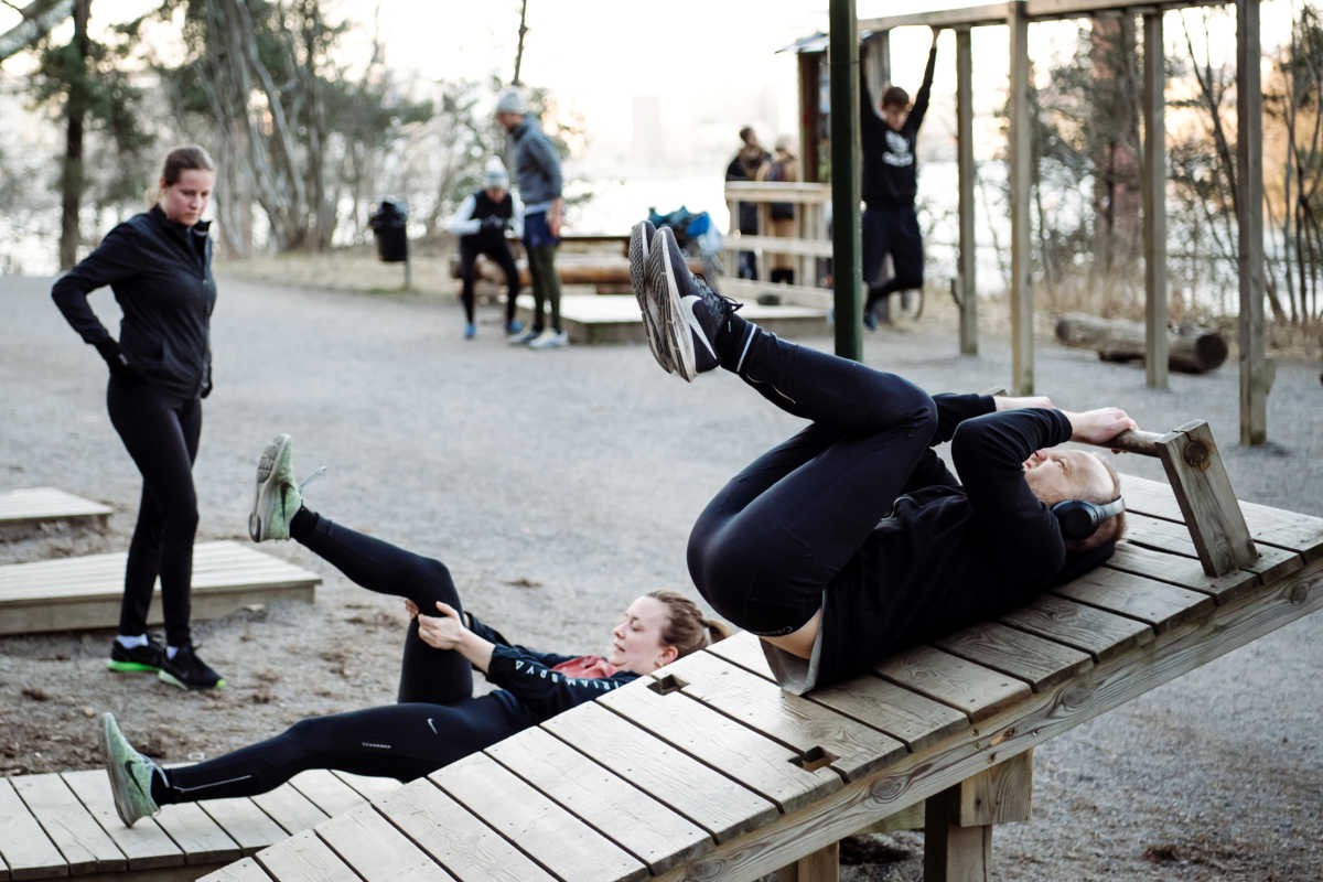 People train at an outdoor gym amid the spread of the coronavirus disease (COVID-19), on the outskirts of Stockholm, Sweden April 06, 2020. TT News Agency