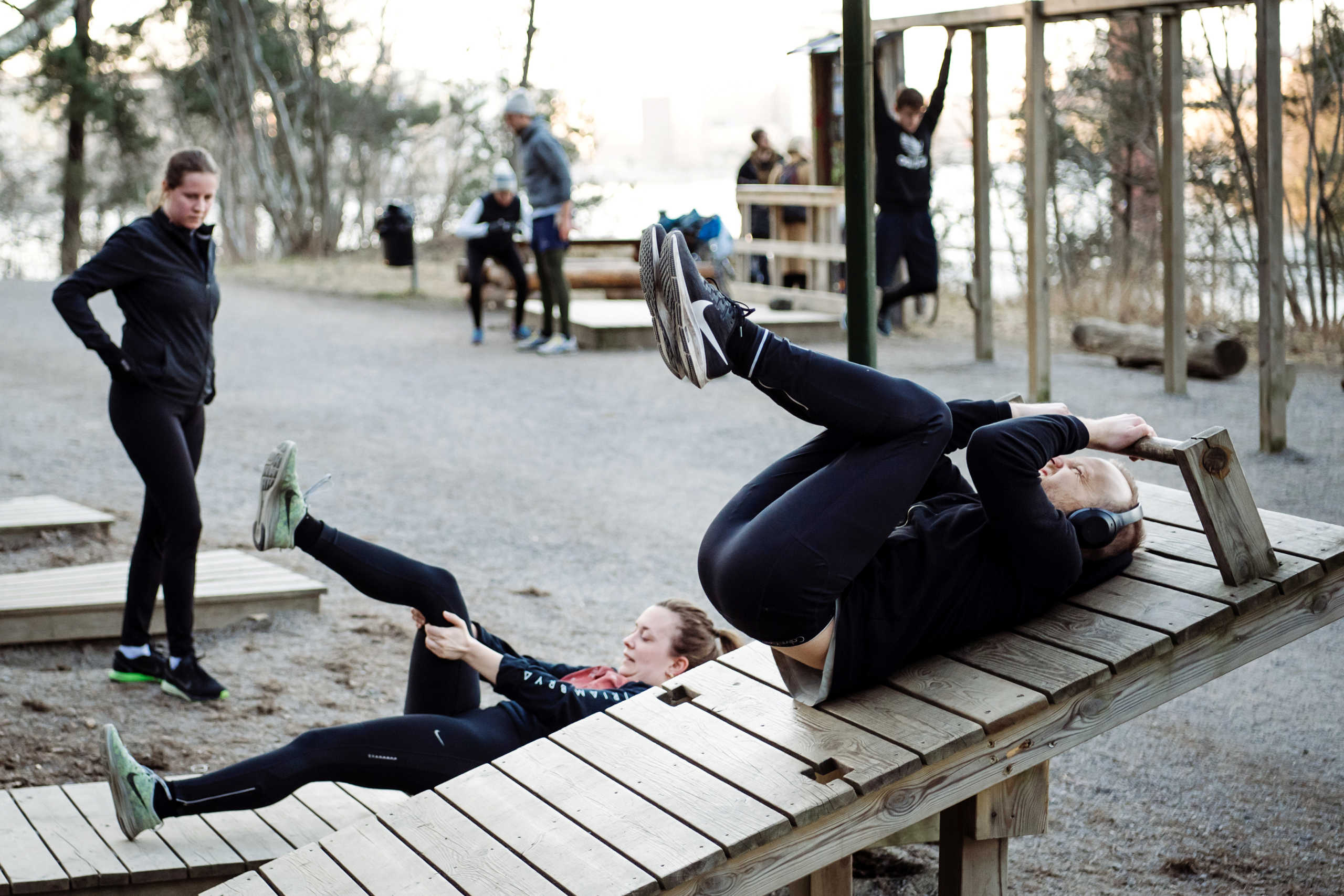 People train at an outdoor gym amid the spread of the coronavirus disease (COVID-19), on the outskirts of Stockholm, Sweden April 06, 2020. TT News Agency