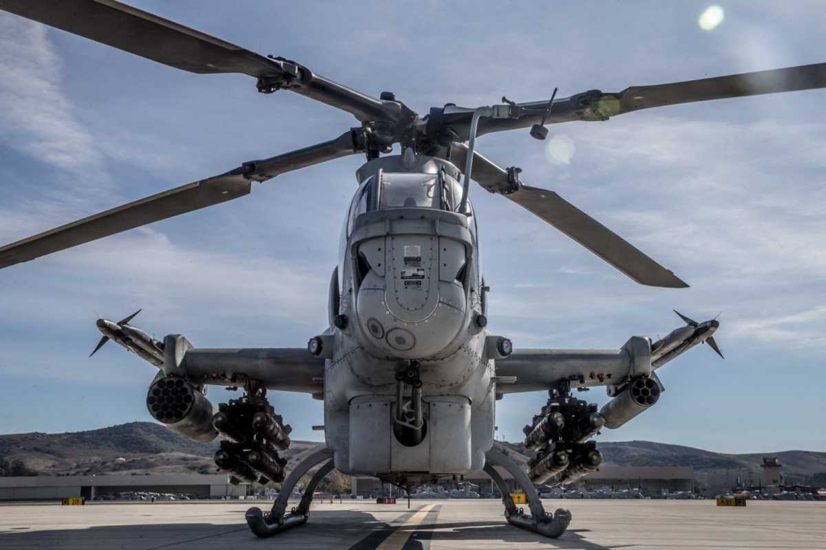 A U.S. Marine AH-1Z Viper prepares for exercise Viper Storm at Marine Corps Air Station Camp Pendleton, California, Dec. 11, 2019. The AH-1Z Viper gives 3rd Marine Aircraft Wing, I Marine Expeditionary Force and the joint force the ability to deter potential adversaries and provide combat-ready units the capability to engage from the sea and over long distances against a near-peer threat. (U.S. Marine Corps photo by Lance Cpl. Alison Dostie)