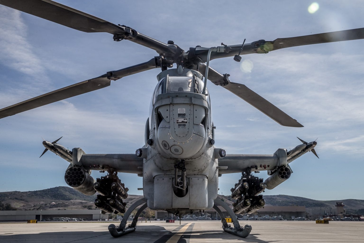 A U.S. Marine AH-1Z Viper prepares for exercise Viper Storm at Marine Corps Air Station Camp Pendleton, California, Dec. 11, 2019. The AH-1Z Viper gives 3rd Marine Aircraft Wing, I Marine Expeditionary Force and the joint force the ability to deter potential adversaries and provide combat-ready units the capability to engage from the sea and over long distances against a near-peer threat. (U.S. Marine Corps photo by Lance Cpl. Alison Dostie)