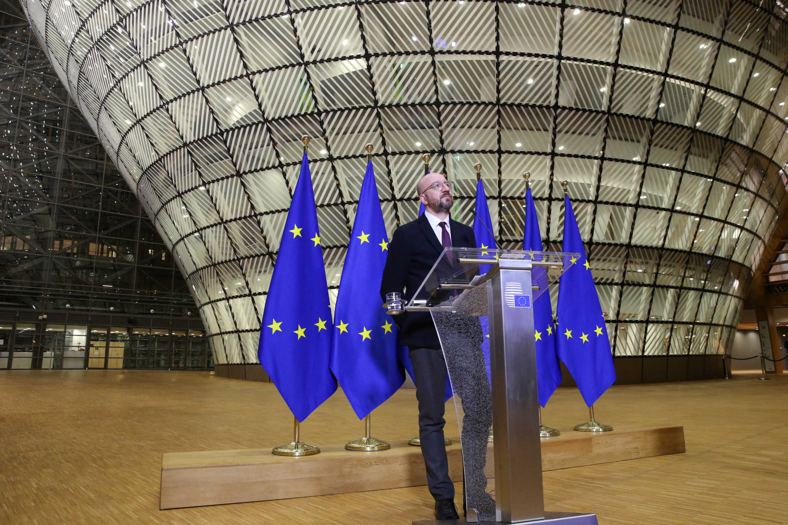 EU Council President Charles Michel holds a news conference after a videoconference with EU heads of state to discuss coronavirus disease (COVID-19) measures, in Brussels, Belgium March 26, 2020.  REUTERS