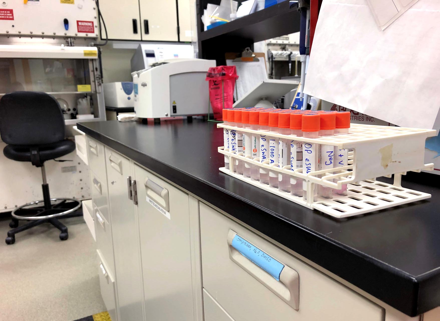 Specimens await processing inside the University of Virginia Medical Center where doctors, lab directors and researchers are working on a test for coronavirus disease (COVID-19) in Charlottesville, Virginia, U.S., March 30, 2020. Picture taken March 30, 2020.  To match Special Report HEALTH-CORONAVIRUS