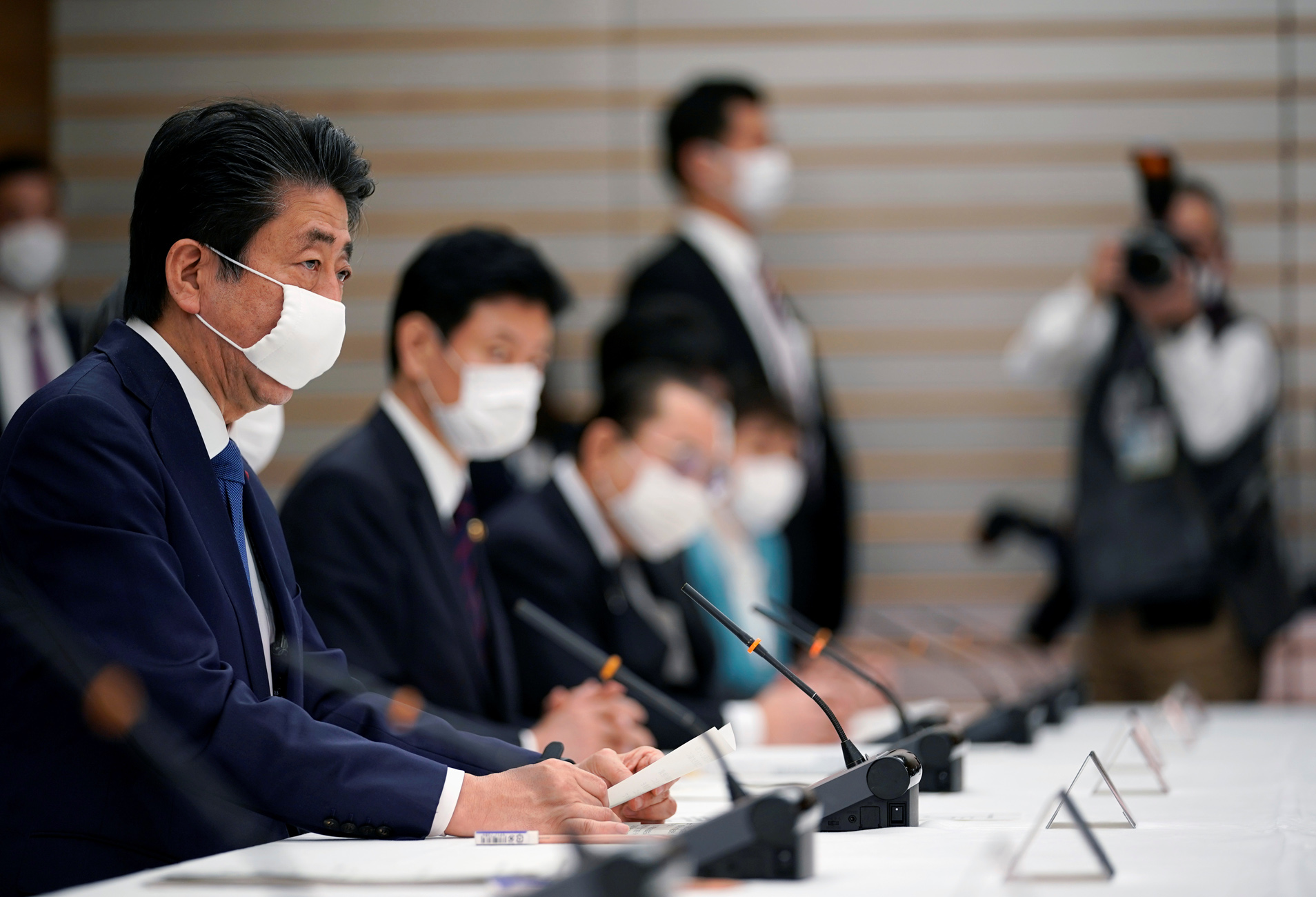Japan's Prime Minister Shinzo Abe speaks during a meeting about the measures against the coronavirus disease (COVID-19), at the prime minister official residence in Tokyo, Japan, April 6, 2020. Franck Robichon