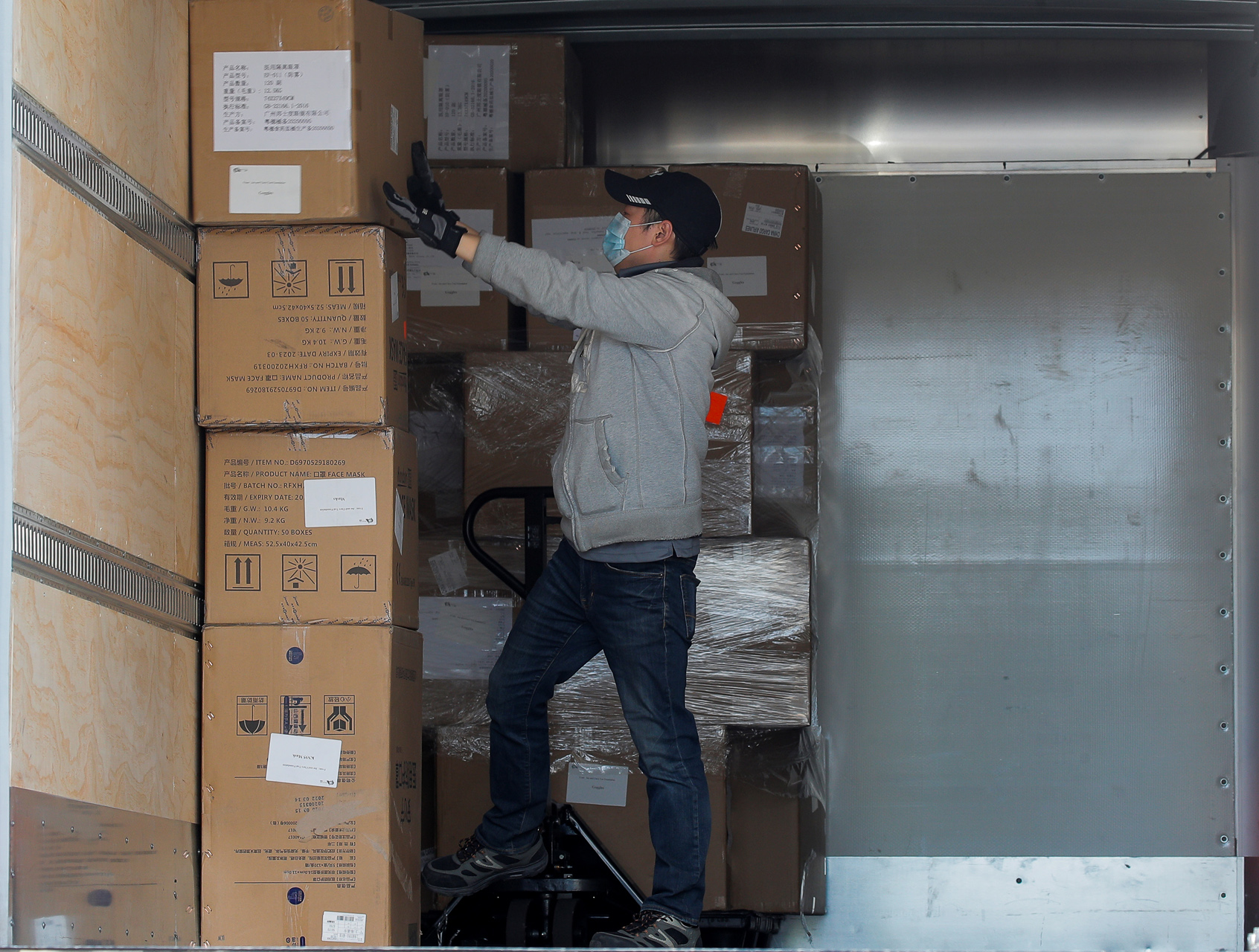 Boxes of N95 masks and Personal Protective Equipment (PPE) donated by Joe Tsai, co-founder and executive vice chairman of Alibaba Group, are unloaded at Kingsbrook Jewish Medical Center during the outbreak of the coronavirus disease (COVID-19) in the Brooklyn borough of New York, U.S., April 8, 2020. REUTERS