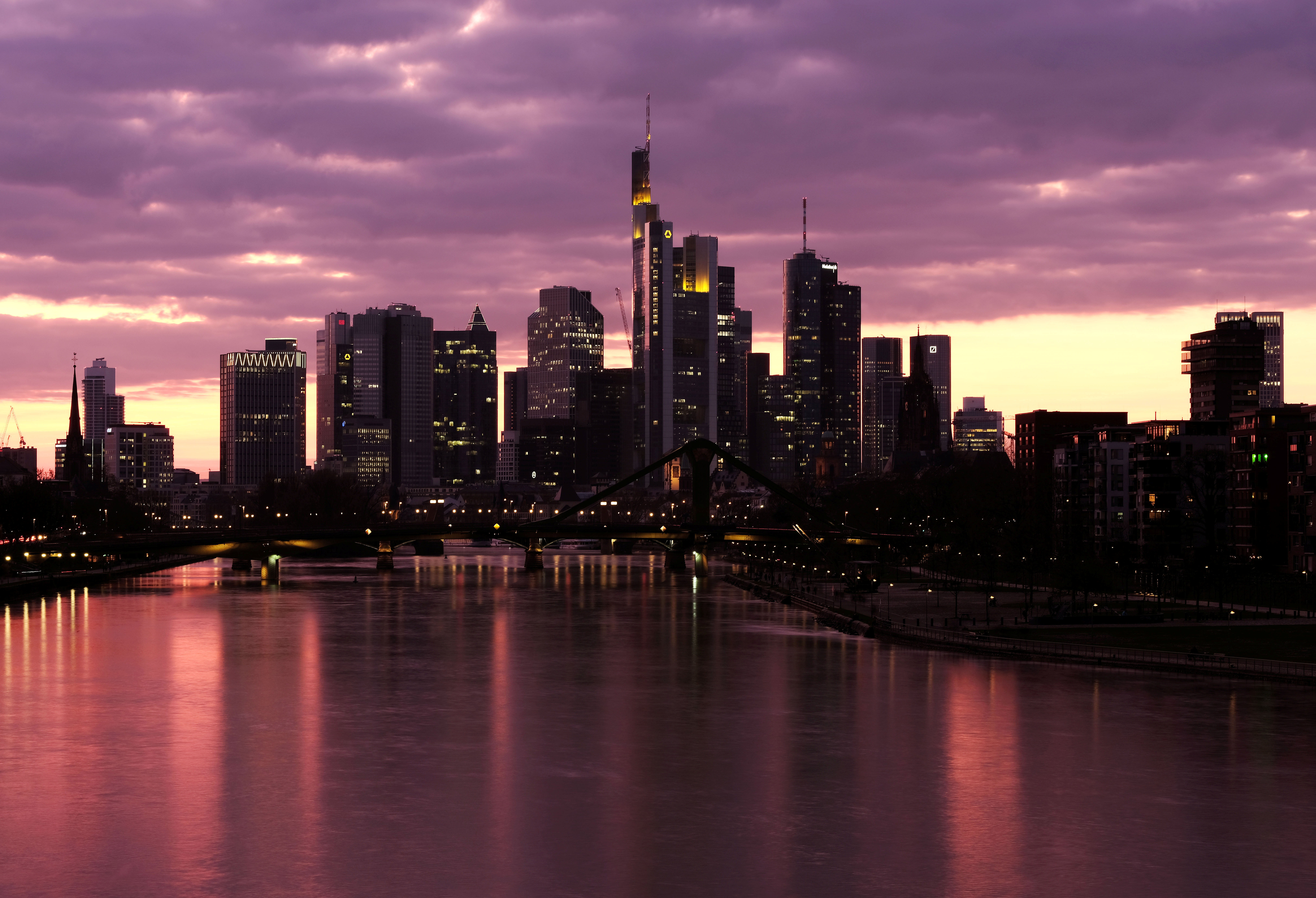 The skyline is pictured at the end of the first day under a partial lock down of the city by authorities due to the spread of the coronavirus disease (COVID-19) in Frankfurt, Germany, March 18, 2020.   REUTERS